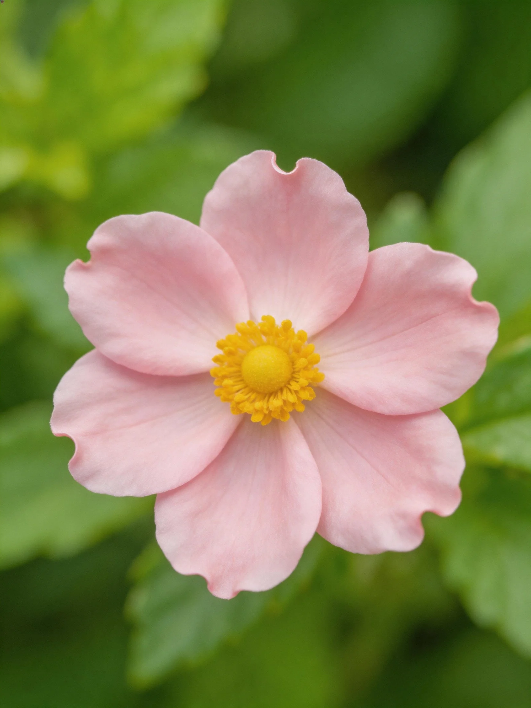 Pink flower with five petals, yellow center, and green foliage
