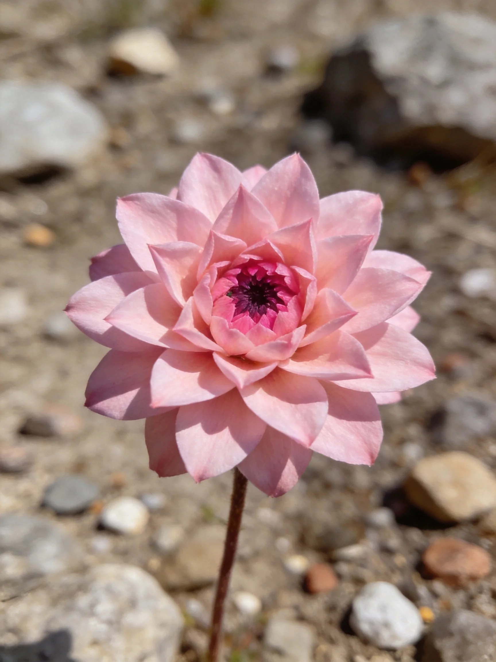 Pink flower with layered petals amid scattered stones