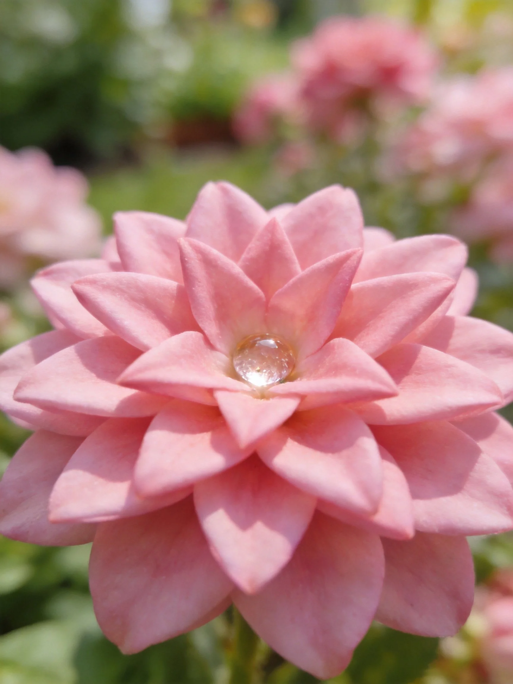 Pink flower with layered petals and central water droplet