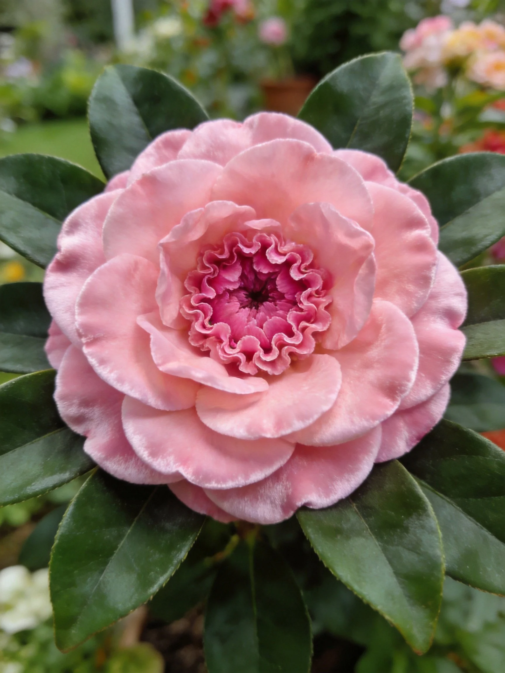 Pink flower with layered petals and dark green leaves