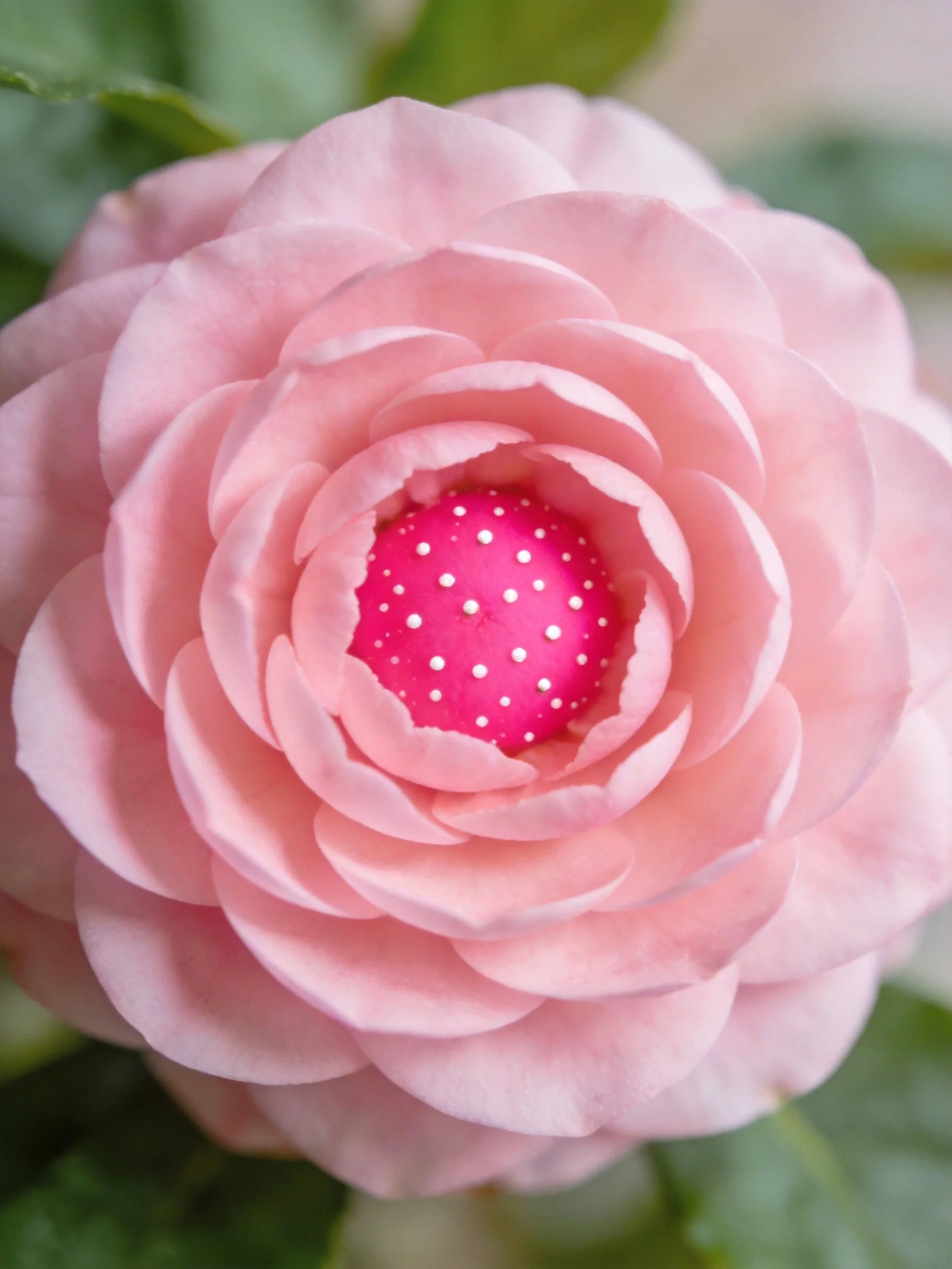 Pink flower with layered petals and dotted magenta center