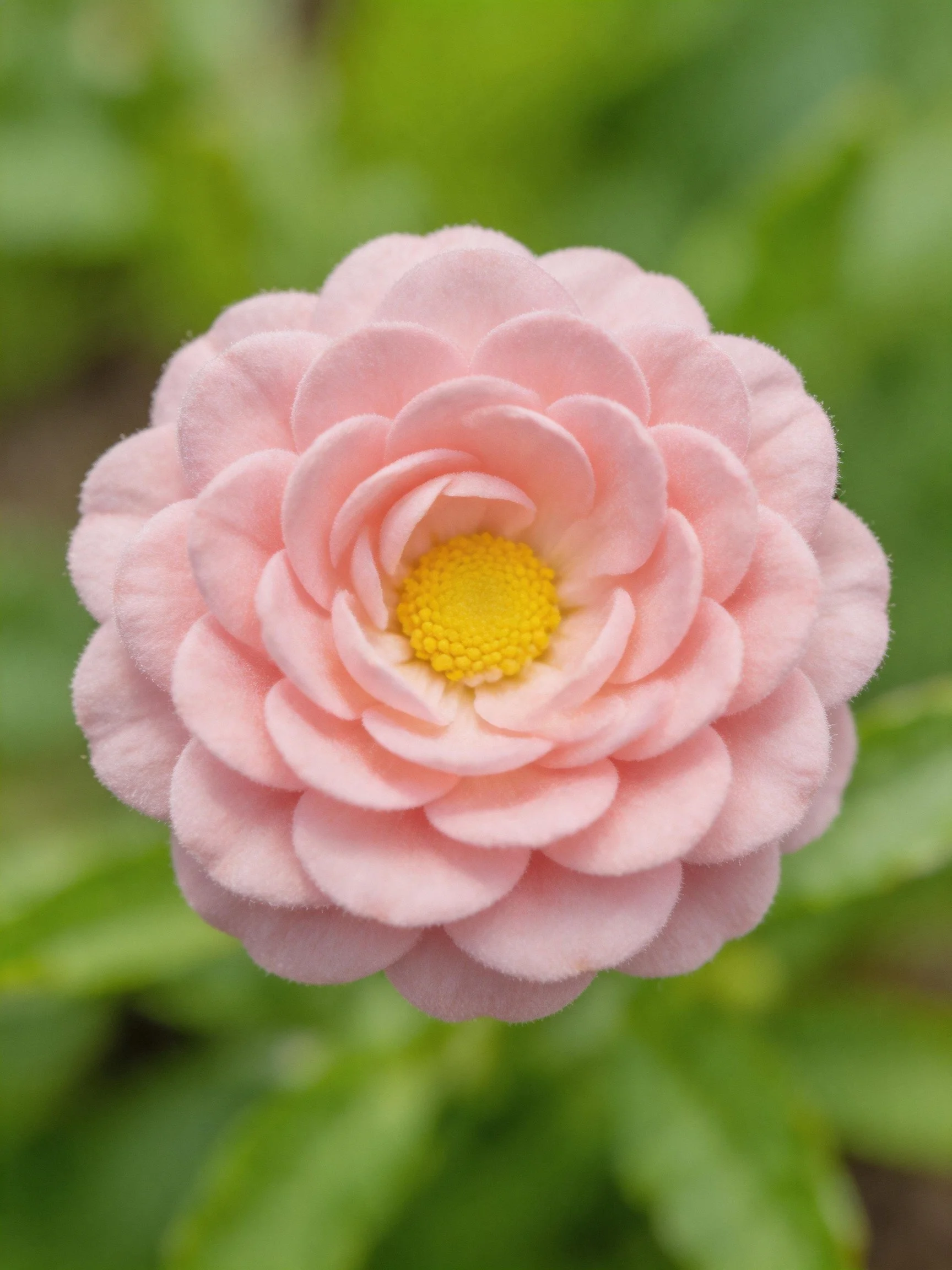 Pink flower with layered petals, bright yellow center, green foliage