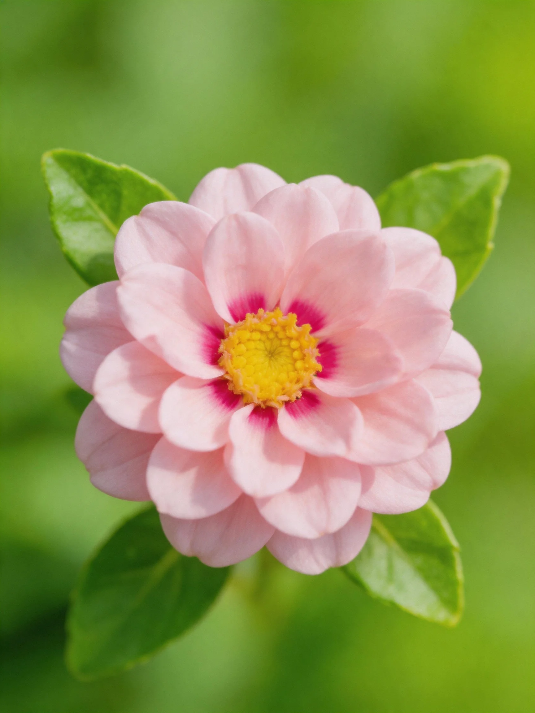 Pink flower with layered petals, magenta center, and yellow core