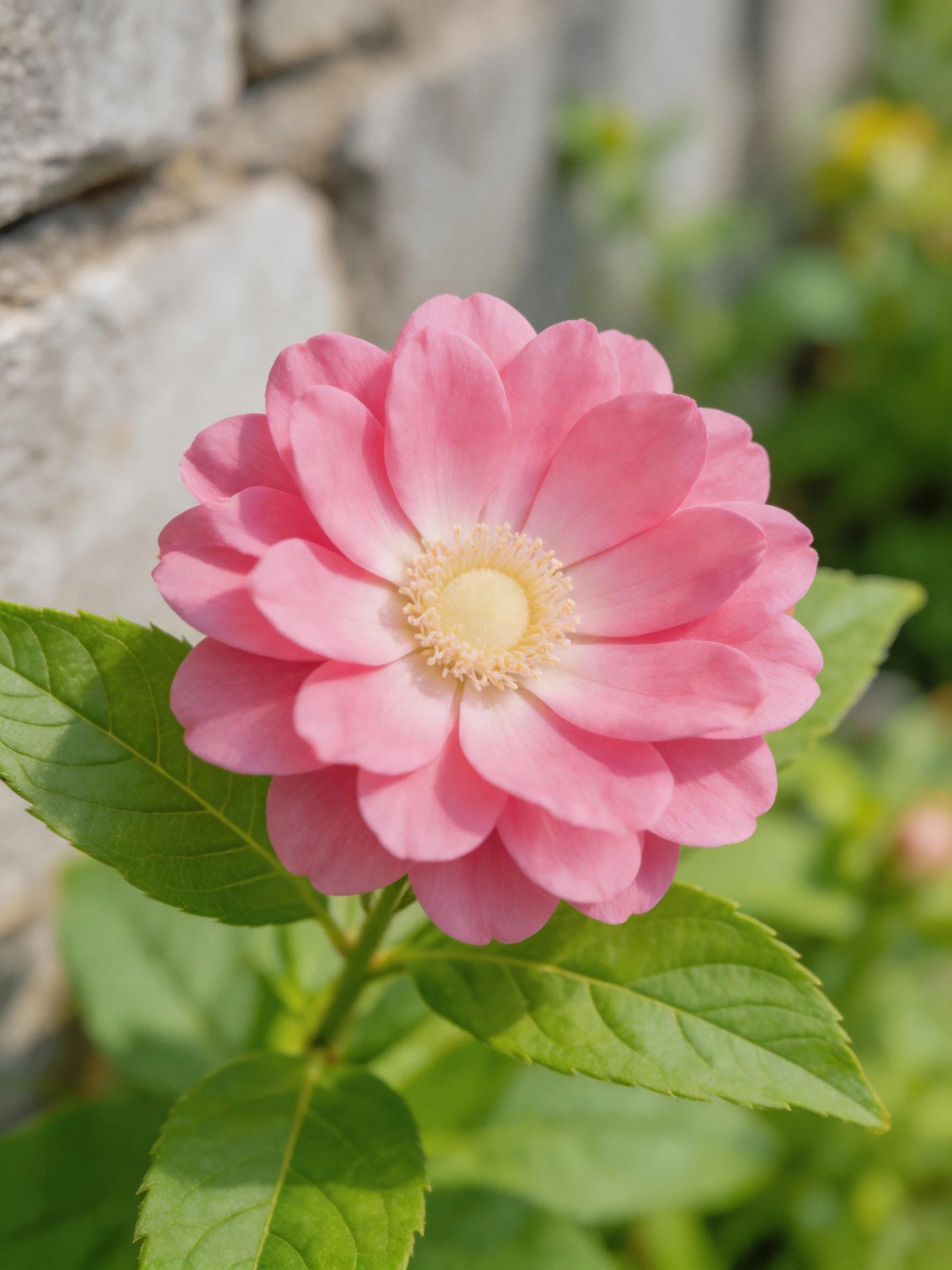 Pink flower with layered petals near a stone wall