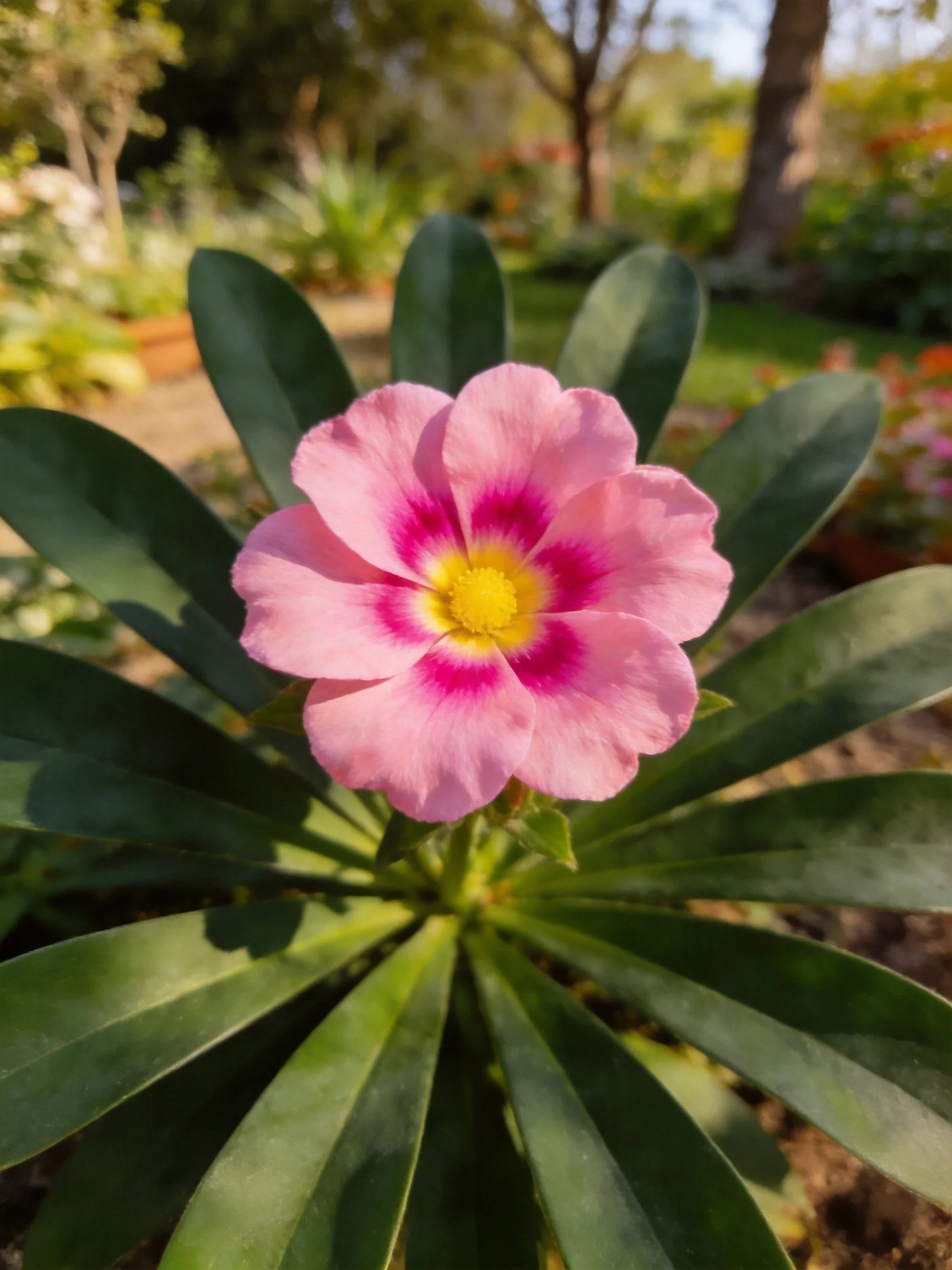 Pink flower with magenta center amid dark green leaves in a garden