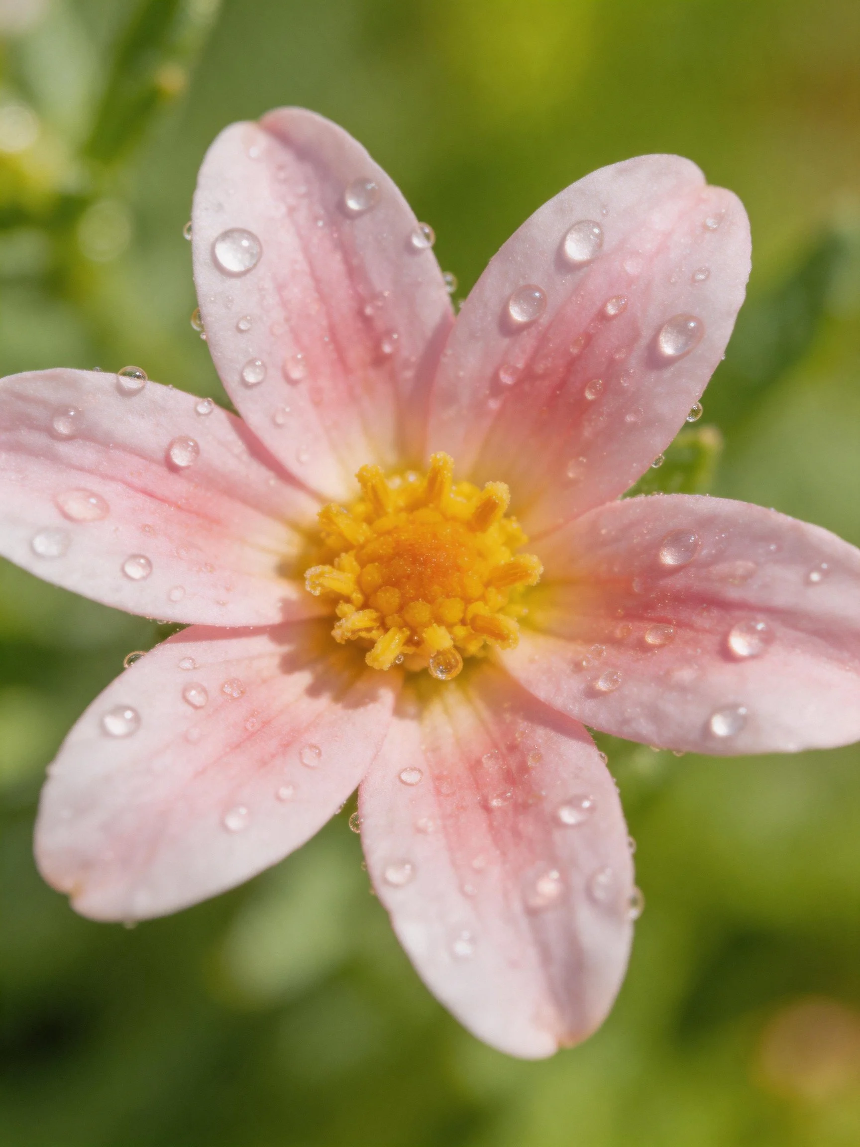 Pink flower with water droplets and yellow center, close - up view