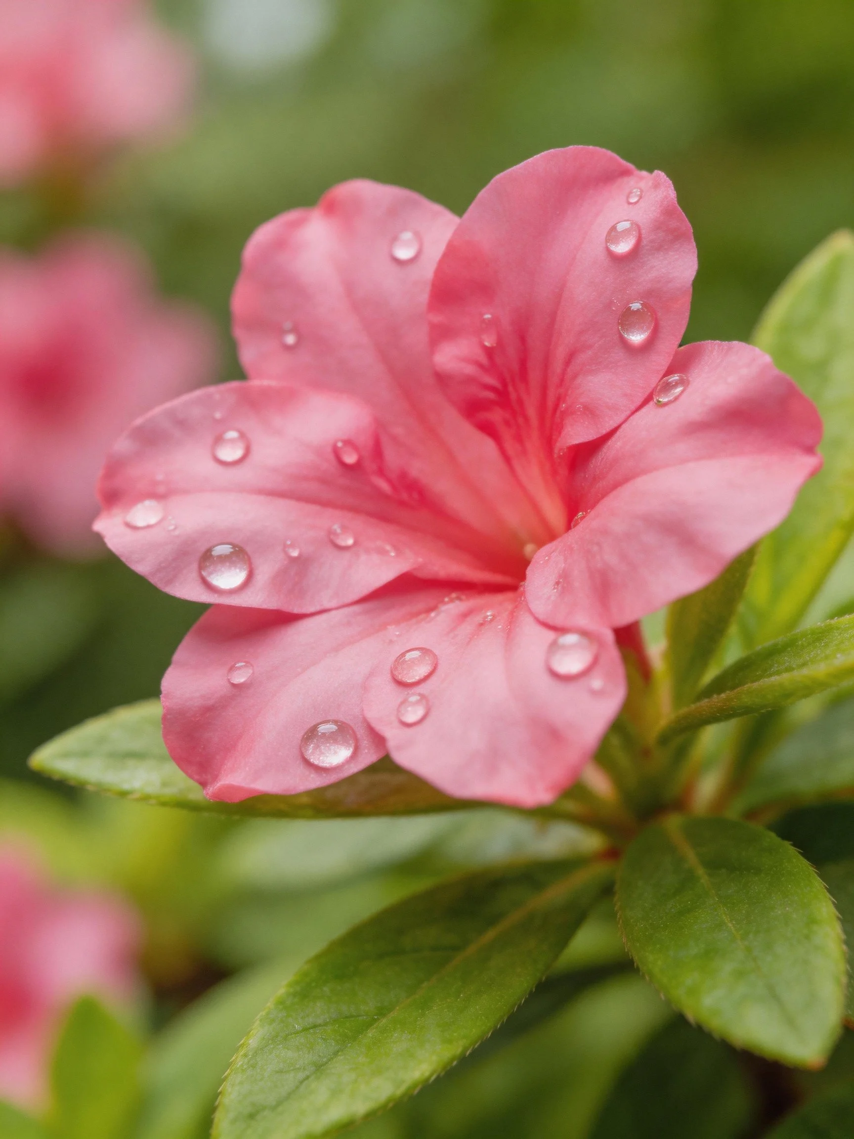 Pink flower with water droplets on petals and green leaves