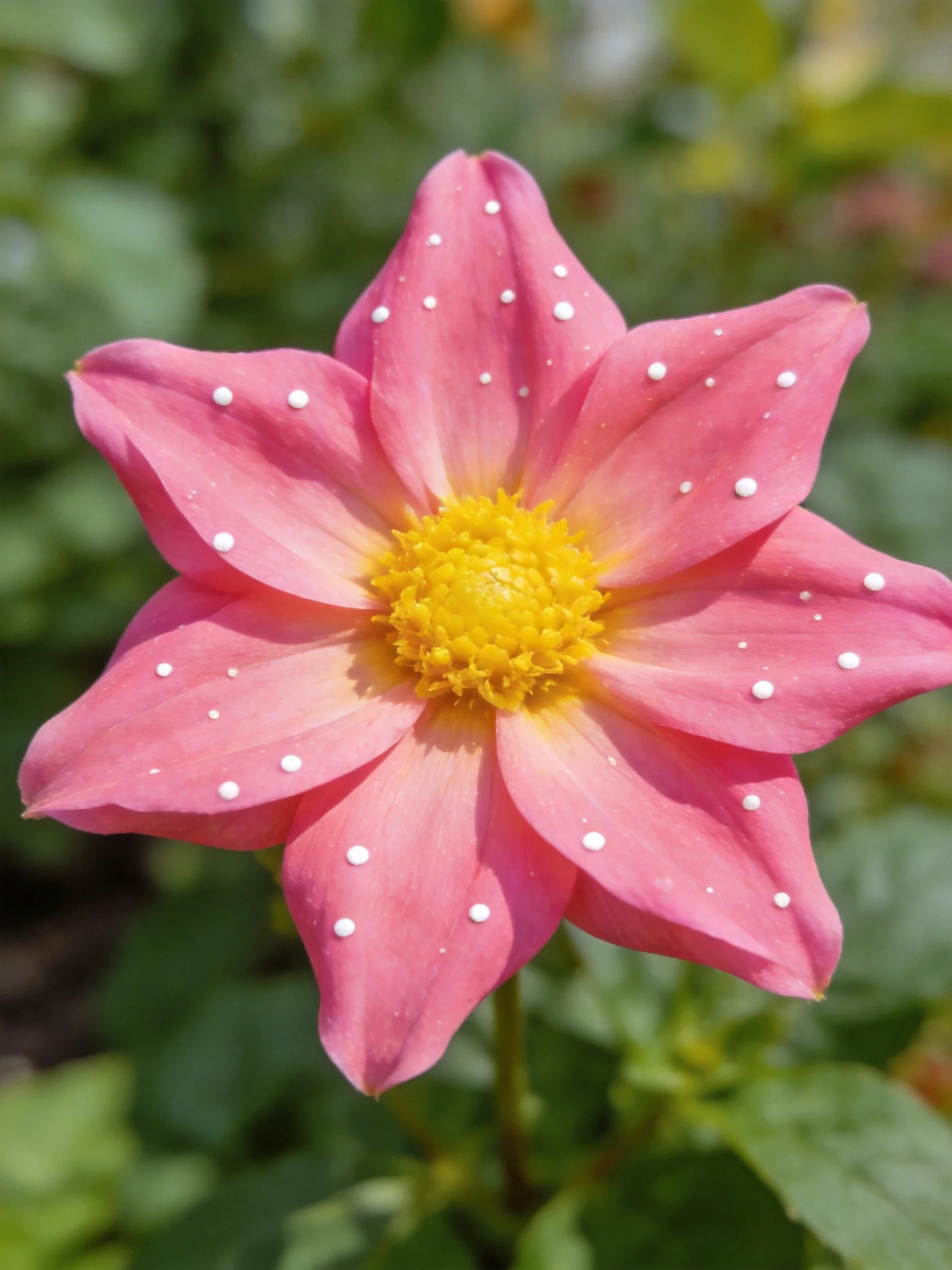 Pink flower with white spots and yellow center