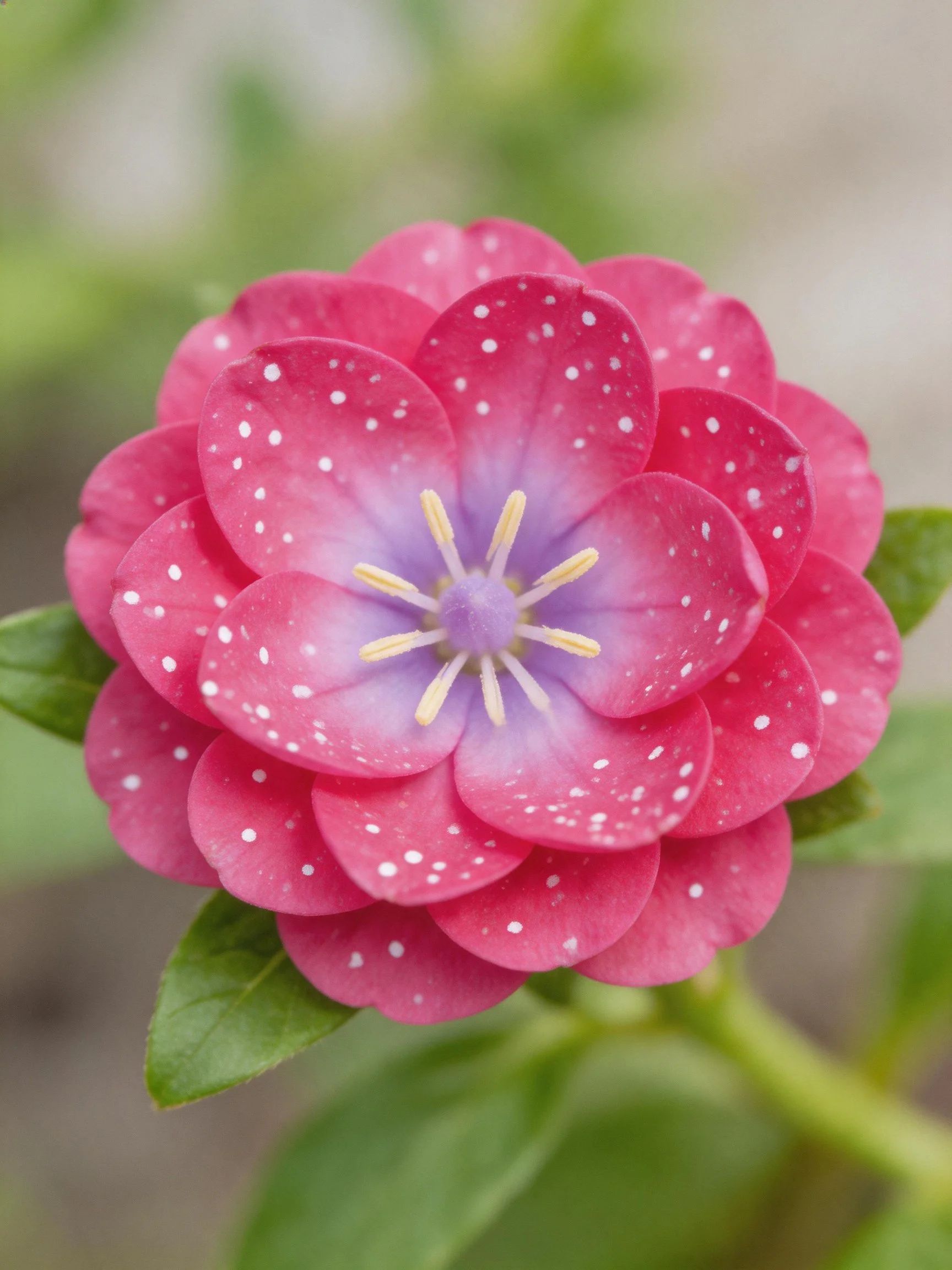 Pink flower with white spots, layered petals, green foliage