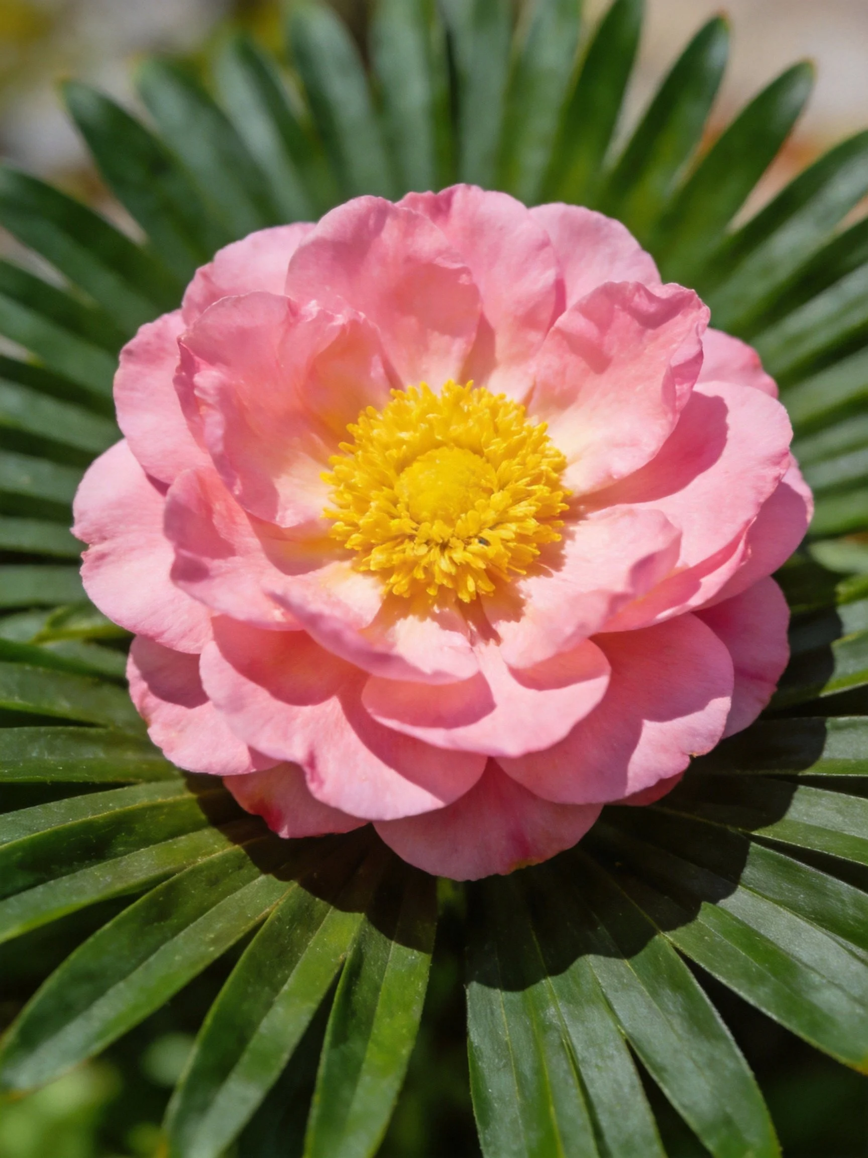Pink flower with yellow center amid green fan-shaped leaves