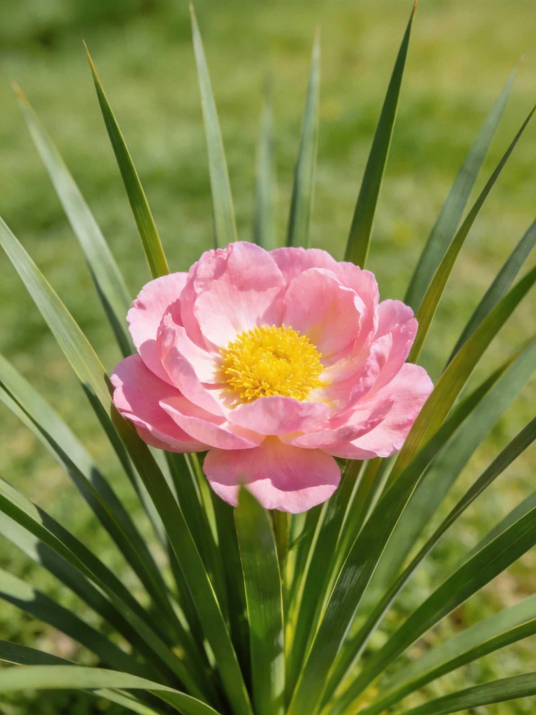 Pink flower with yellow center amid long green leaves