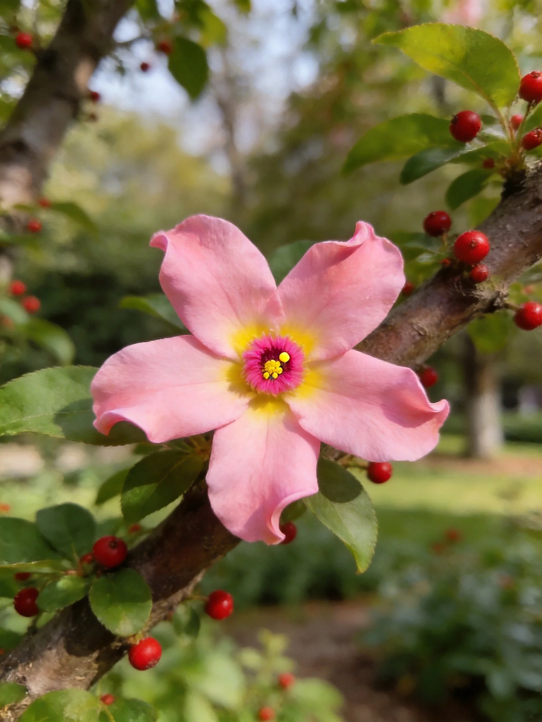 Pink flower with yellow center amid red berries on a branch