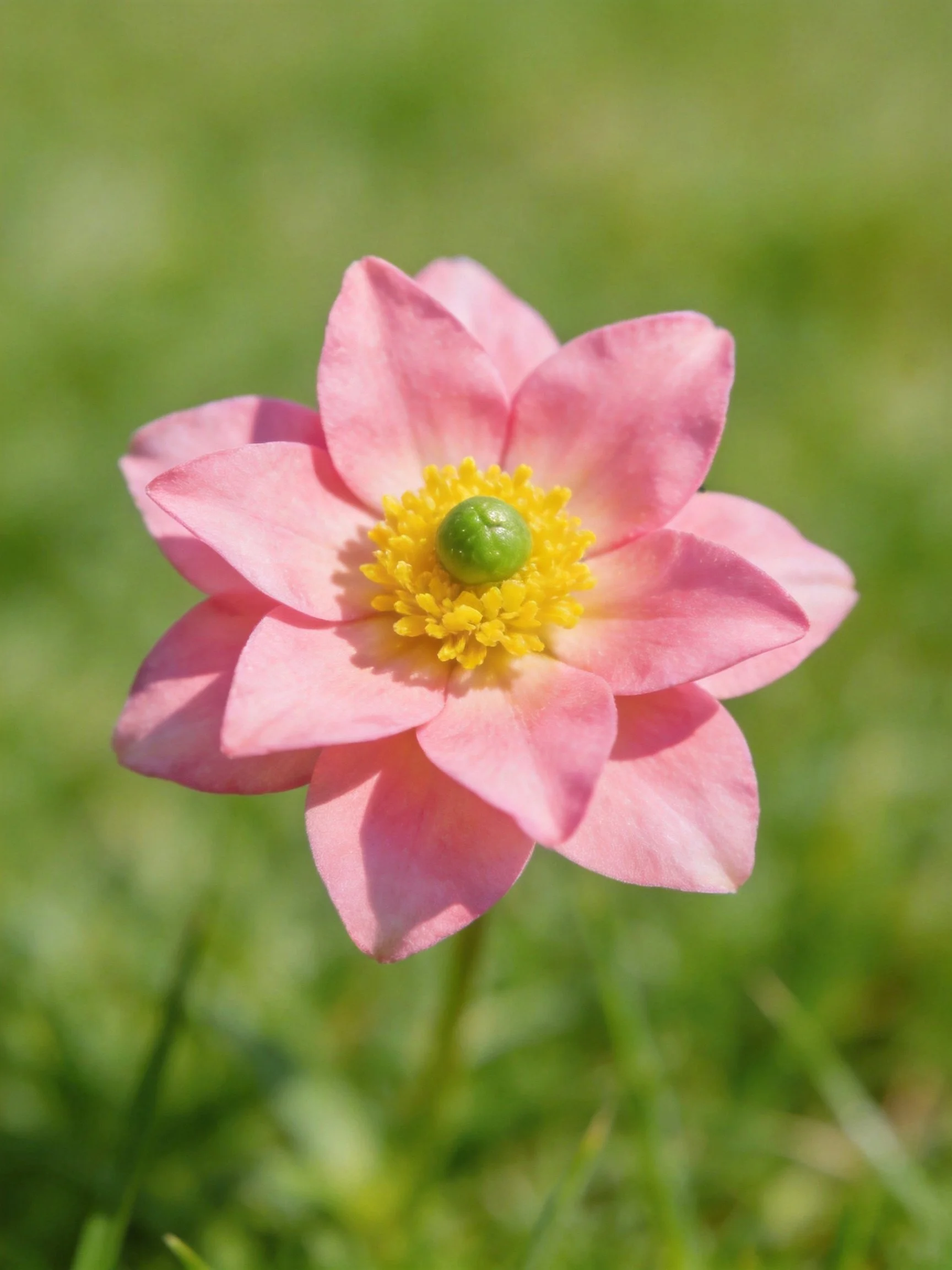 Pink flower with yellow center and green core