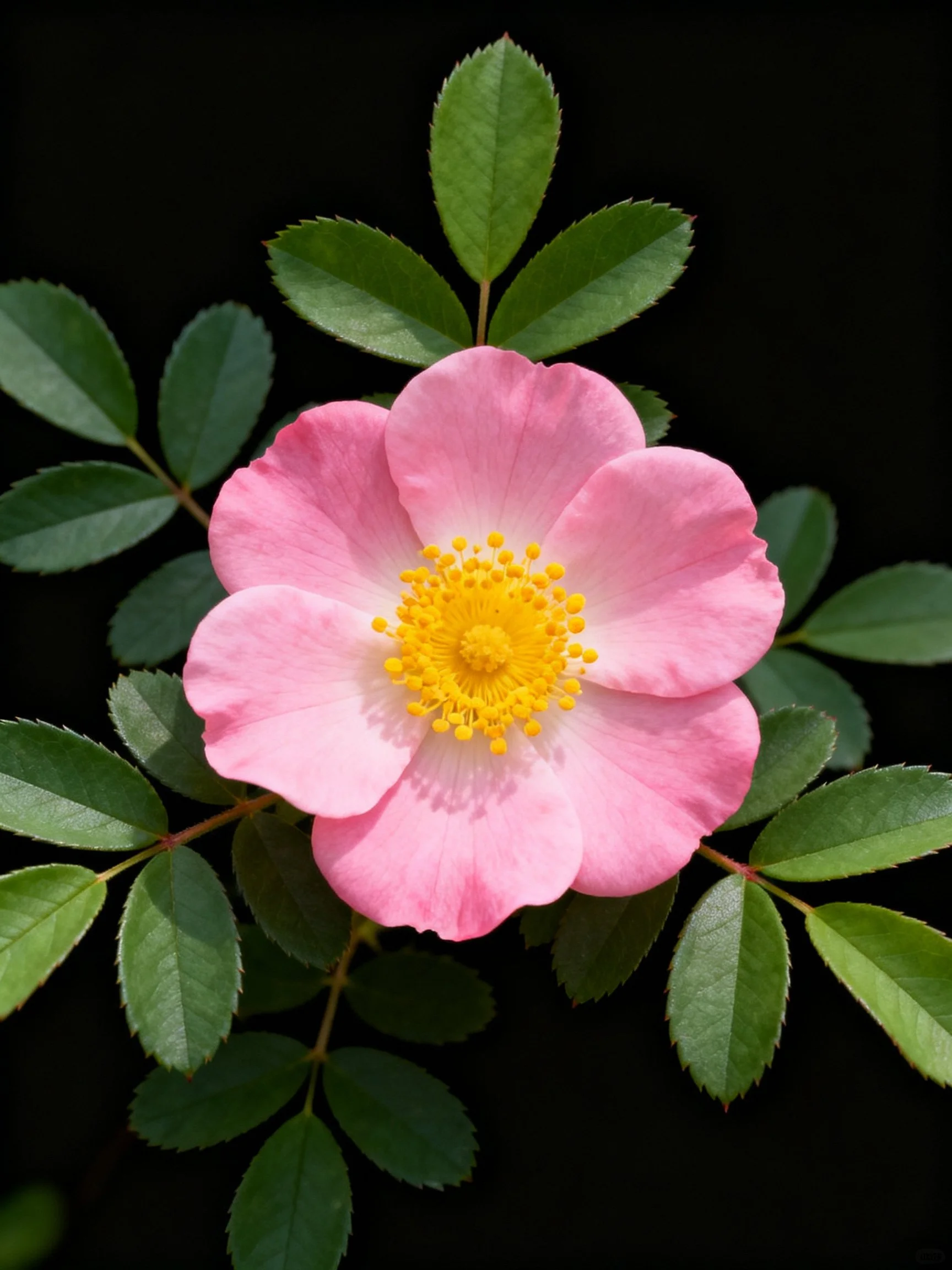 Pink flower with yellow center and green foliage