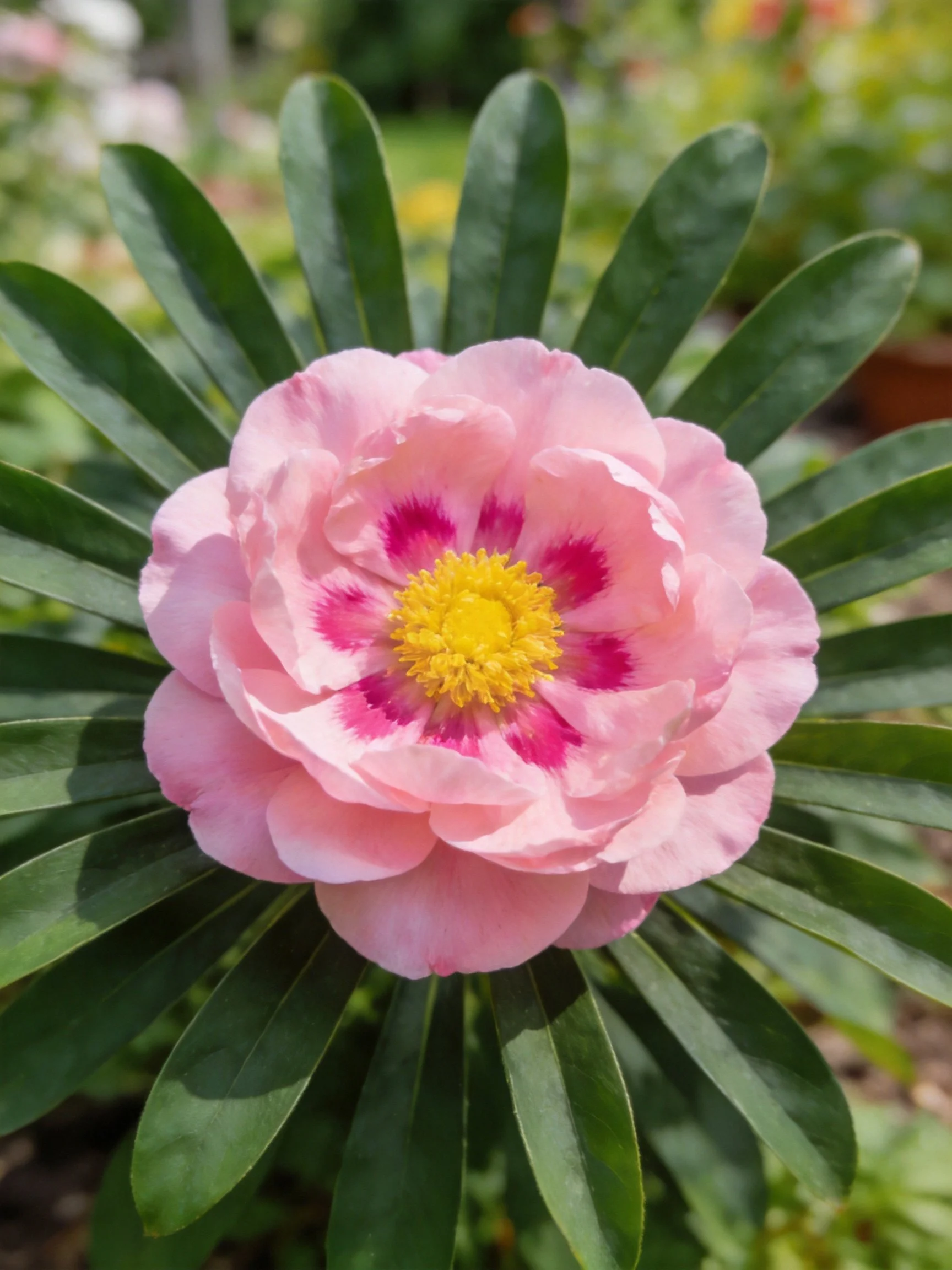 Pink flower with yellow center, magenta accents, and broad green leaves