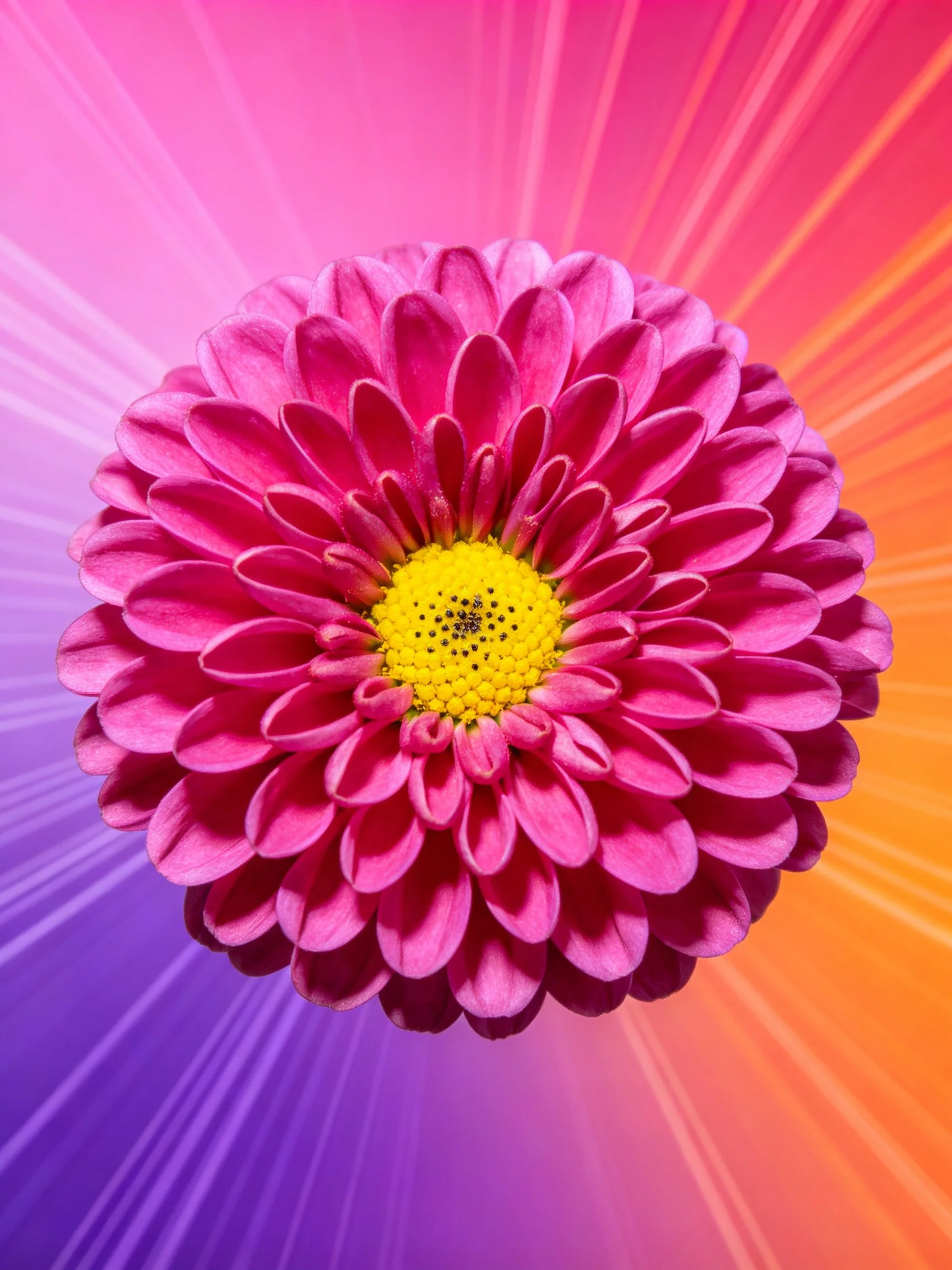 Pink flower with yellow center on colorful radial background
