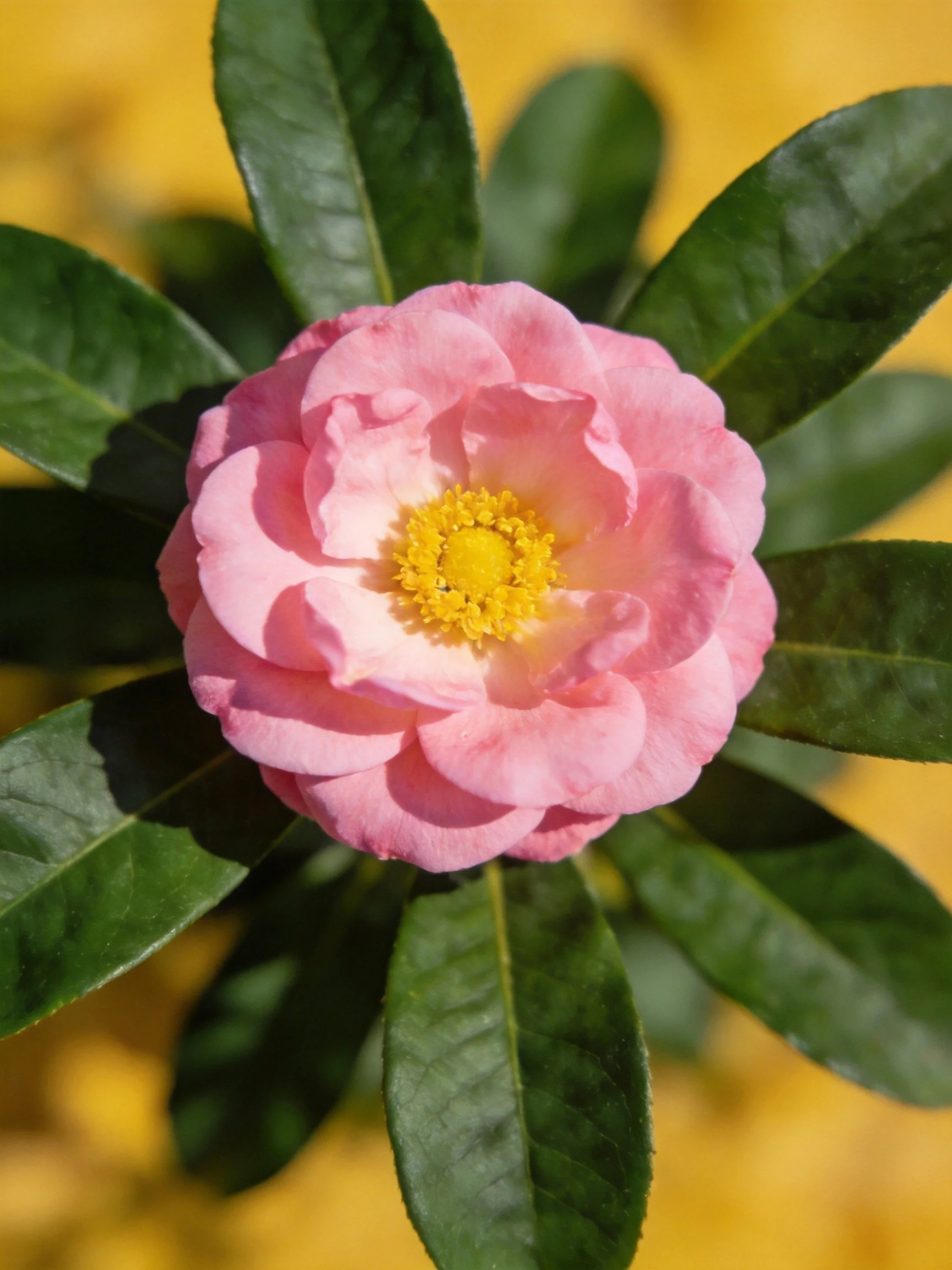 Pink flower with yellow center, surrounded by dark green leaves