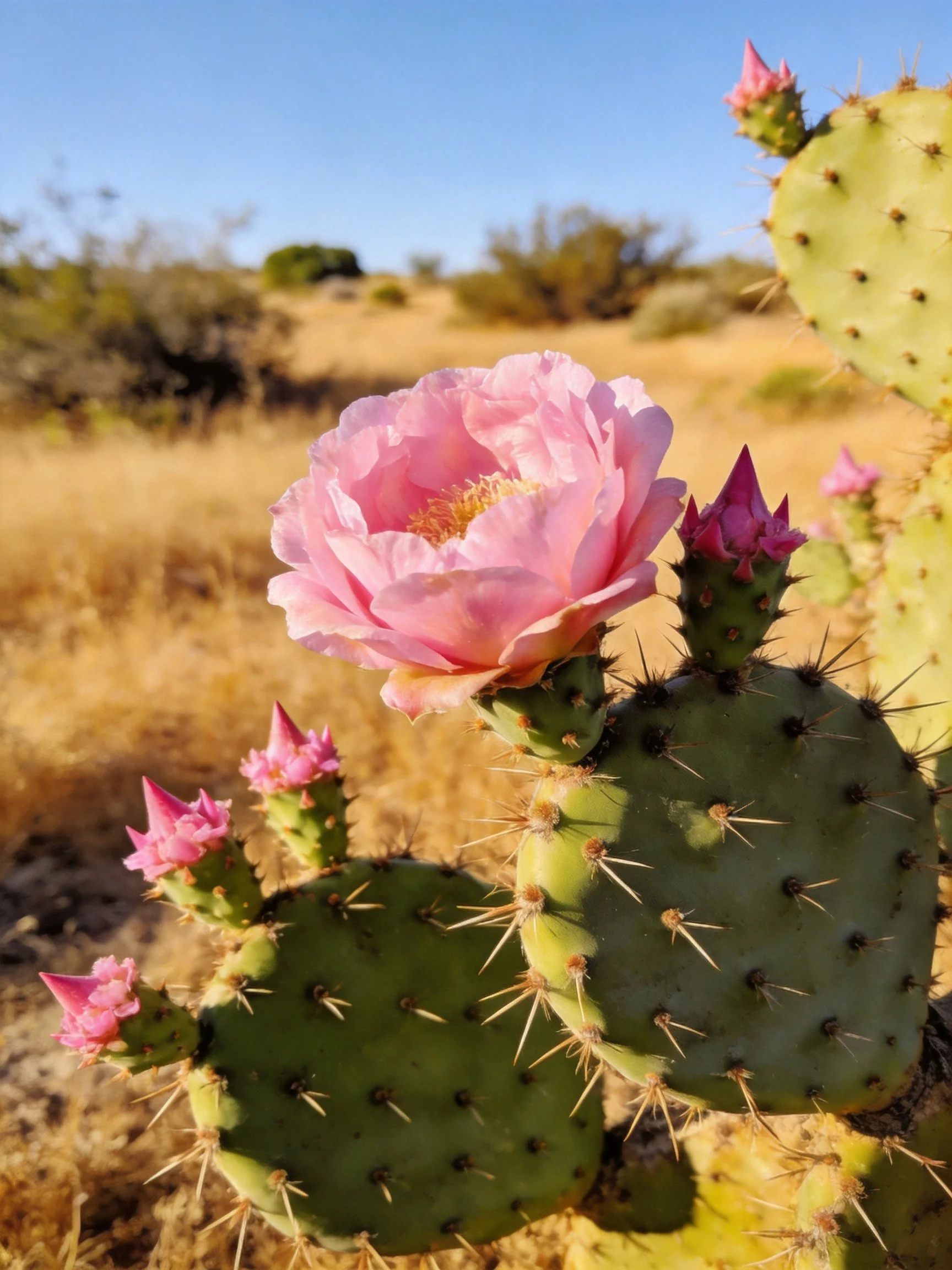 Pink-flowered Prickly Pear Cactus Blooming in Arid Landscape