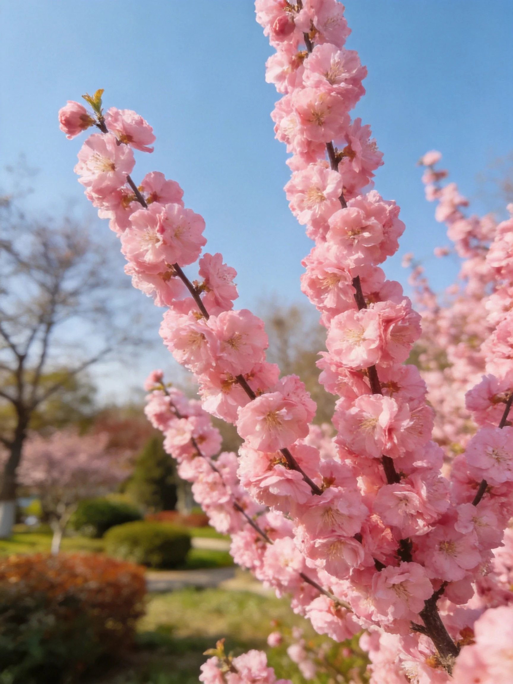 Pink flowering branches bloom abundantly against a bright blue sky