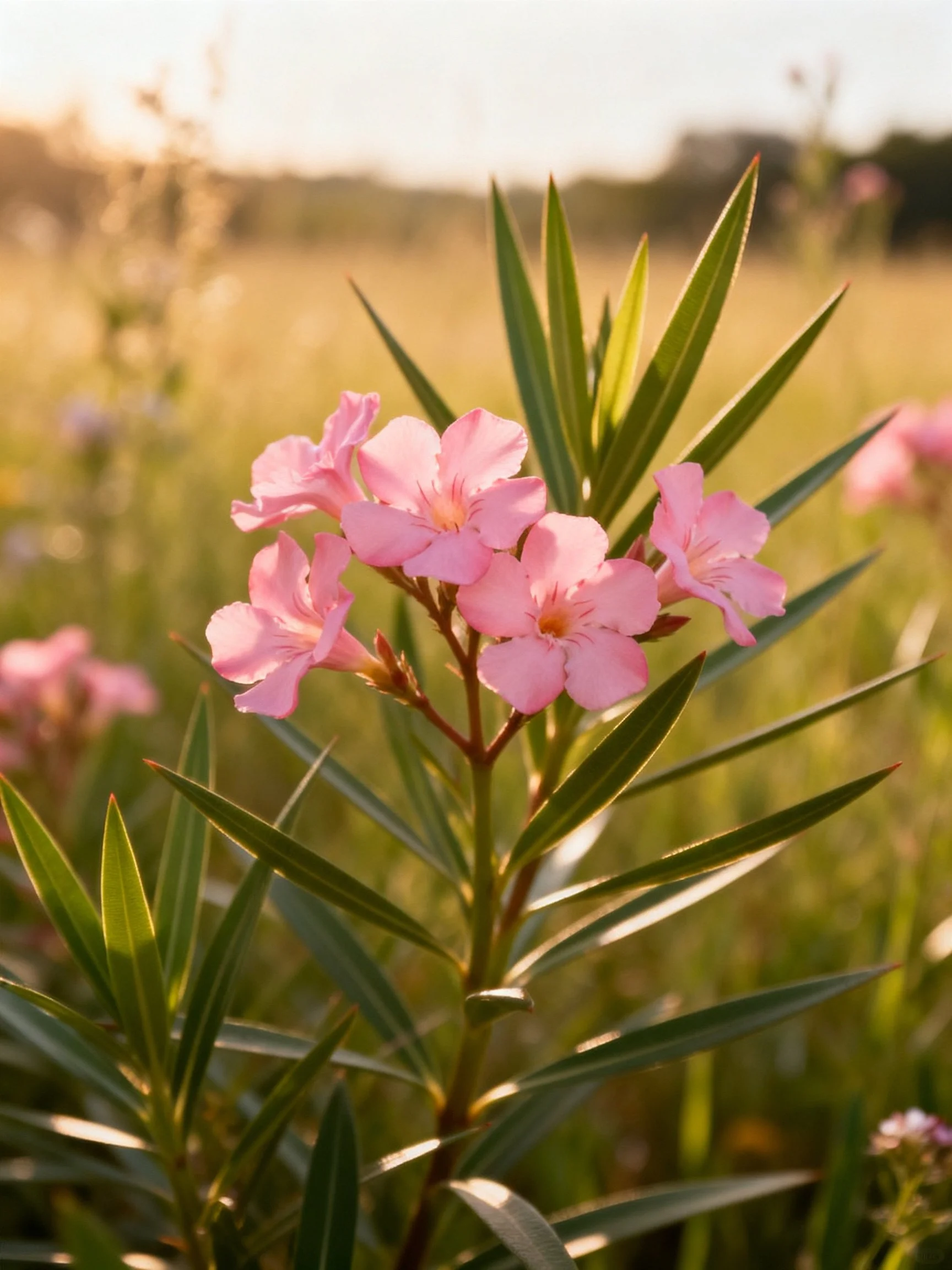 Pink flowers bloom among slender green leaves in a sunlit meadow