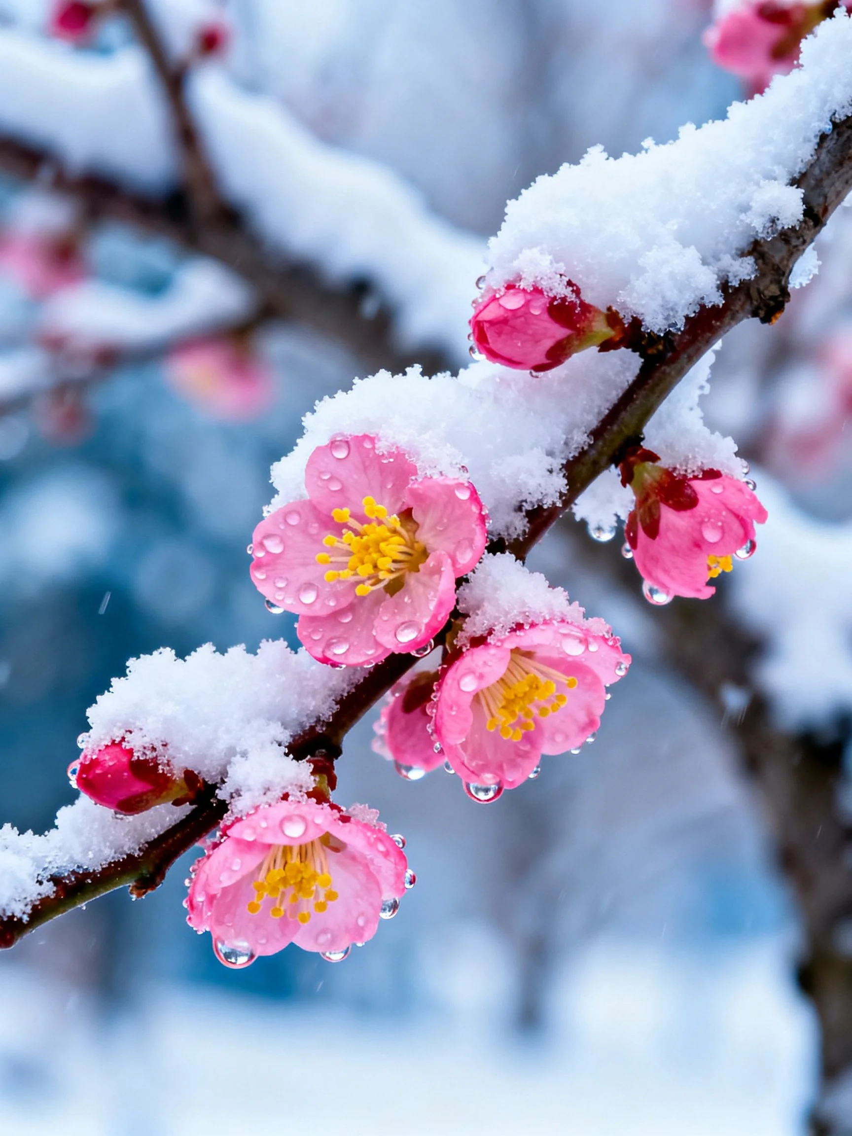 Pink flowers dusted with snow, adorned with water droplets