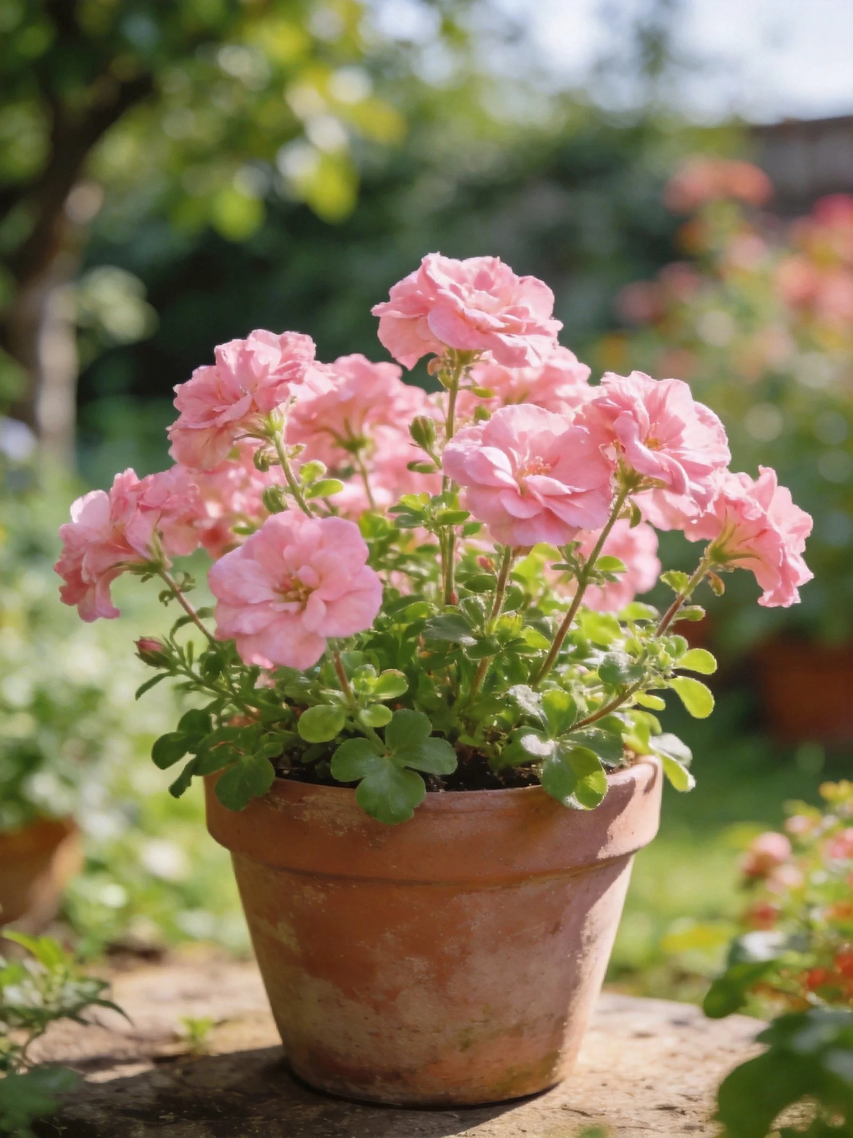 Pink flowers in a terracotta pot on a stone surface