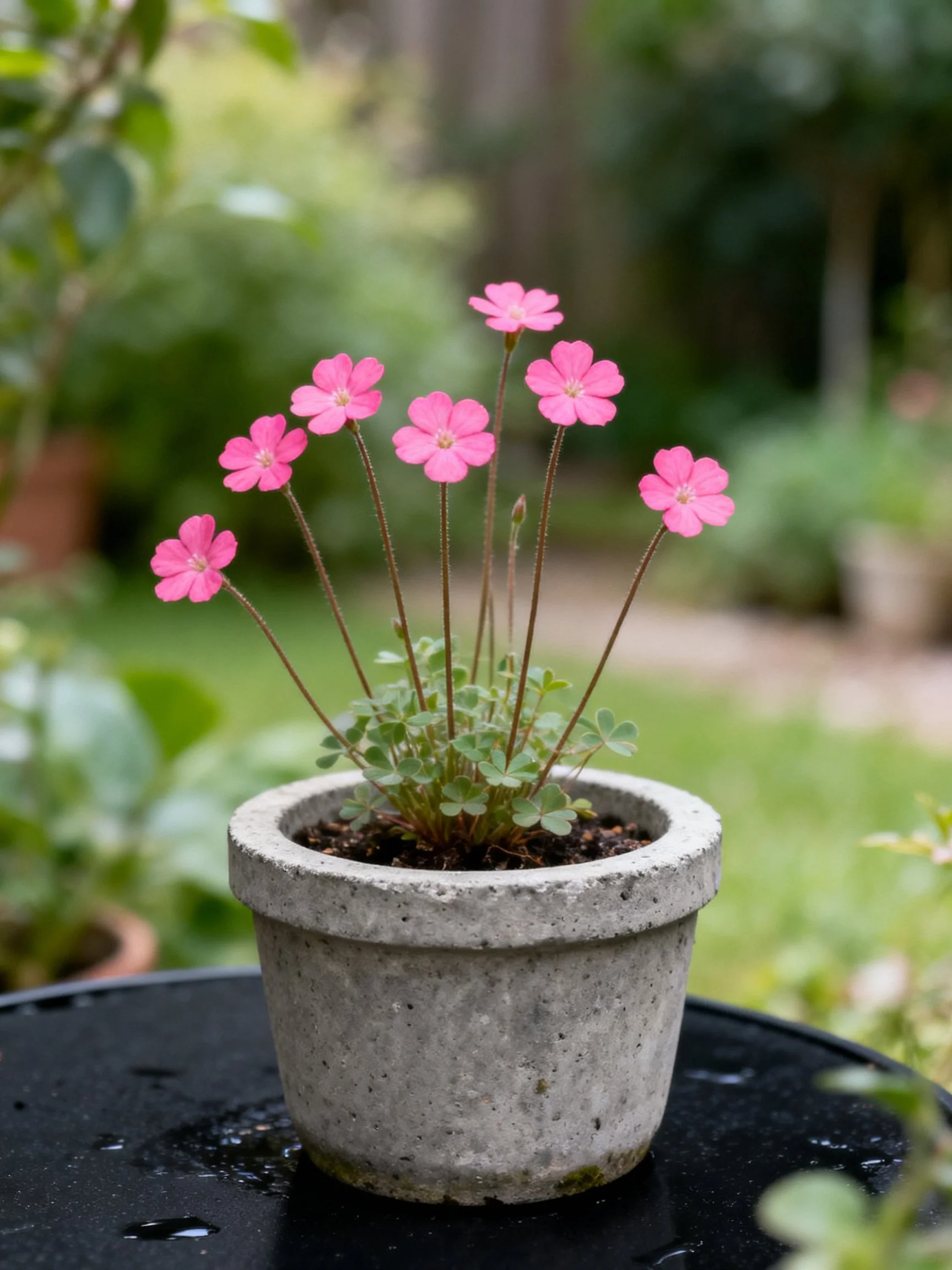 Pink flowers in a weathered concrete planter on a glossy black surface