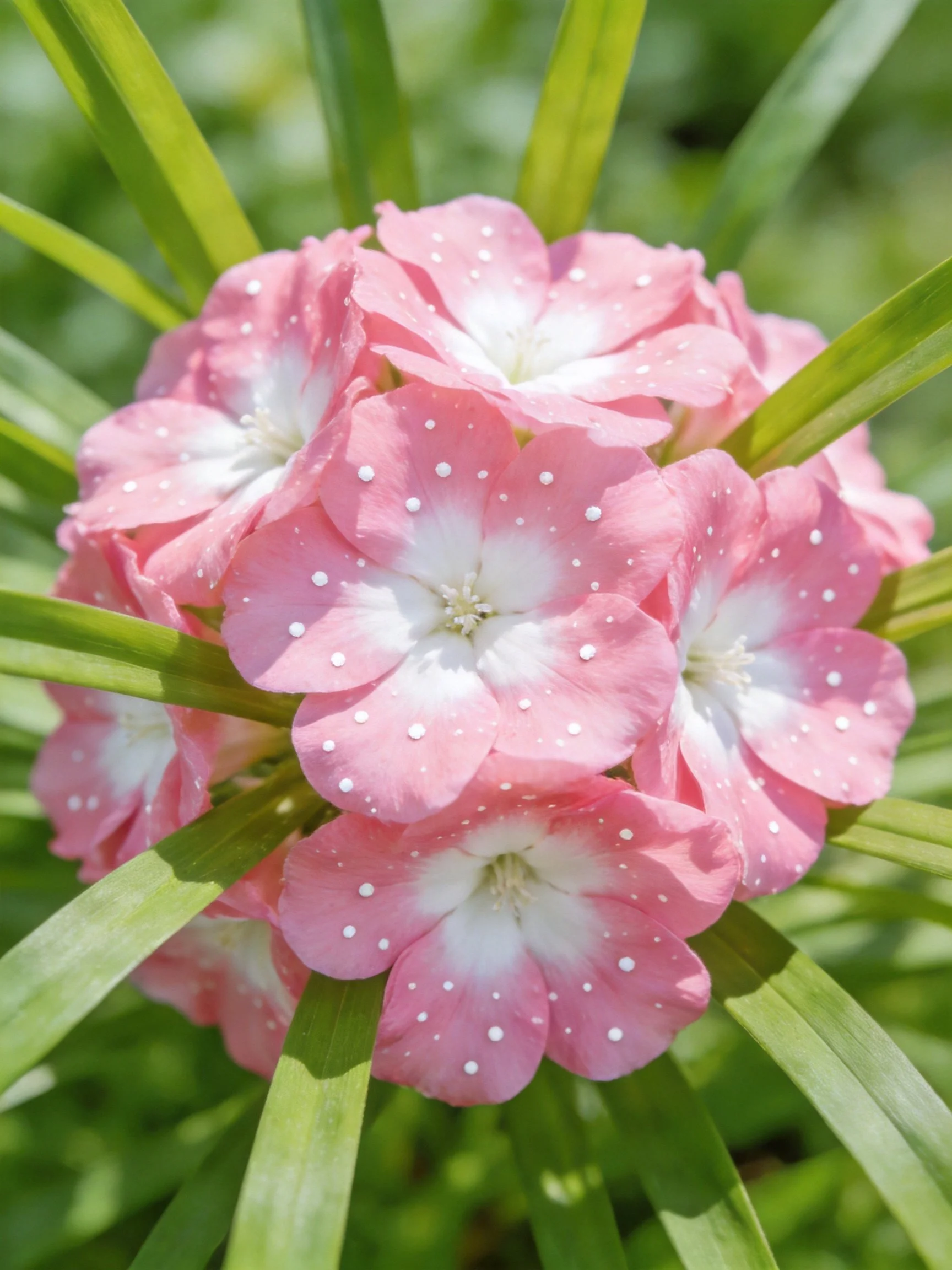 Pink flowers with white centers clustered among long green leaves