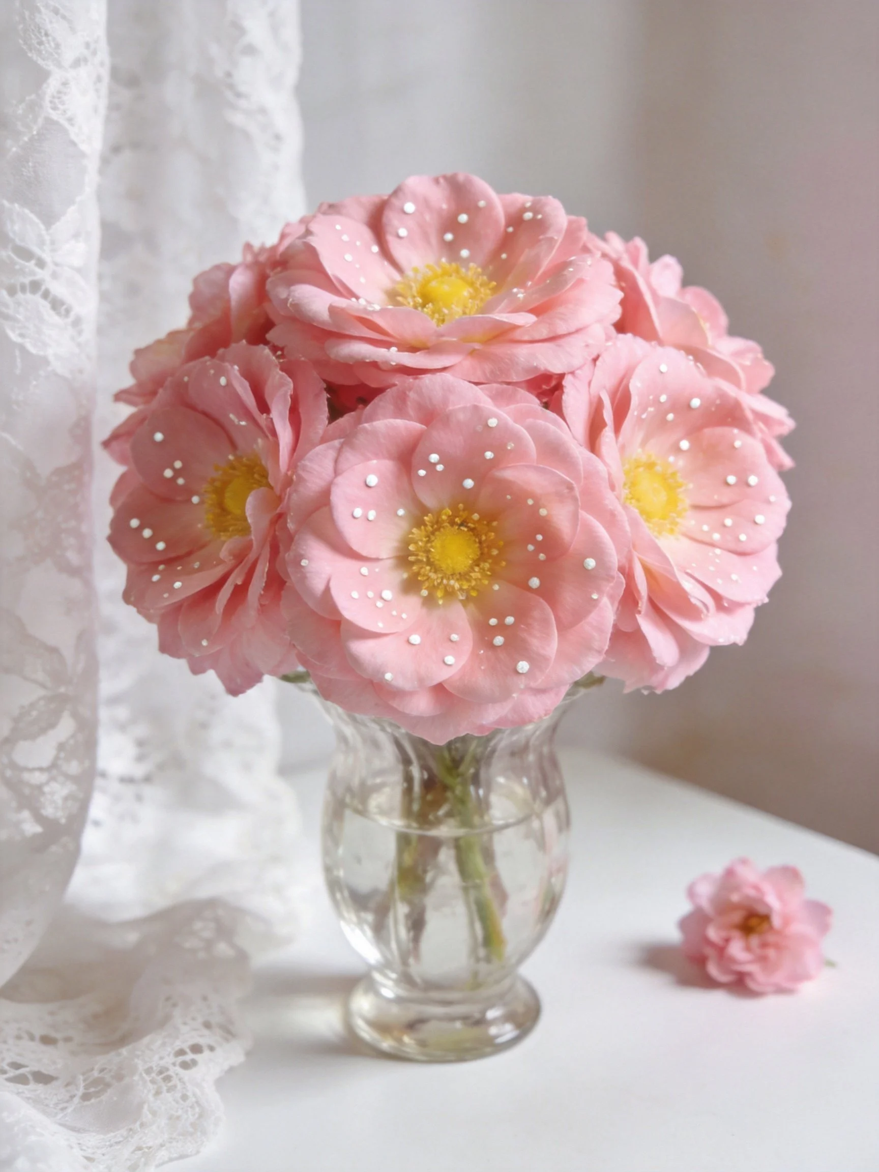 Pink flowers with white speckles in a glass vase near lace curtain
