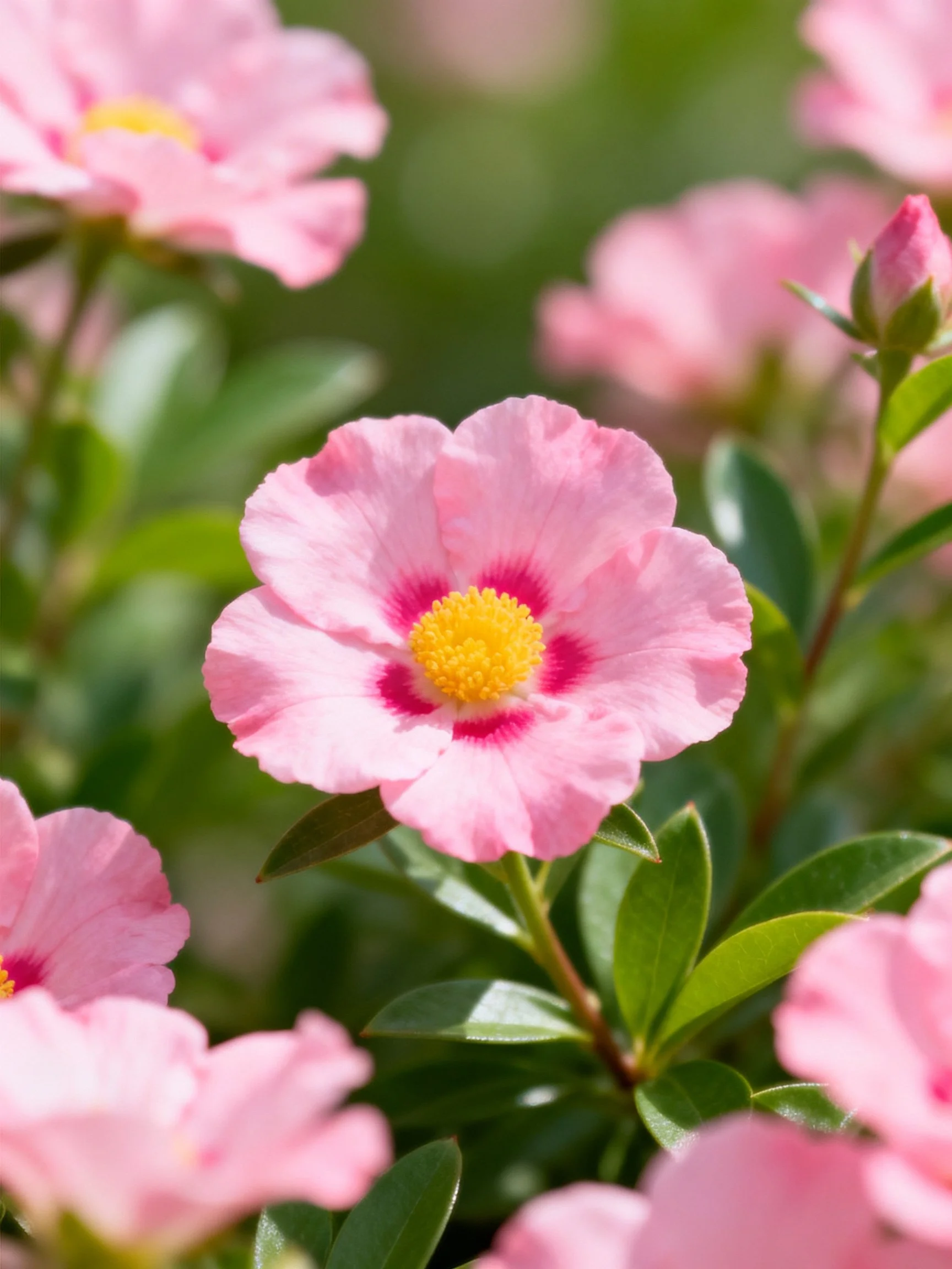 Pink flowers with yellow centers amid green foliage