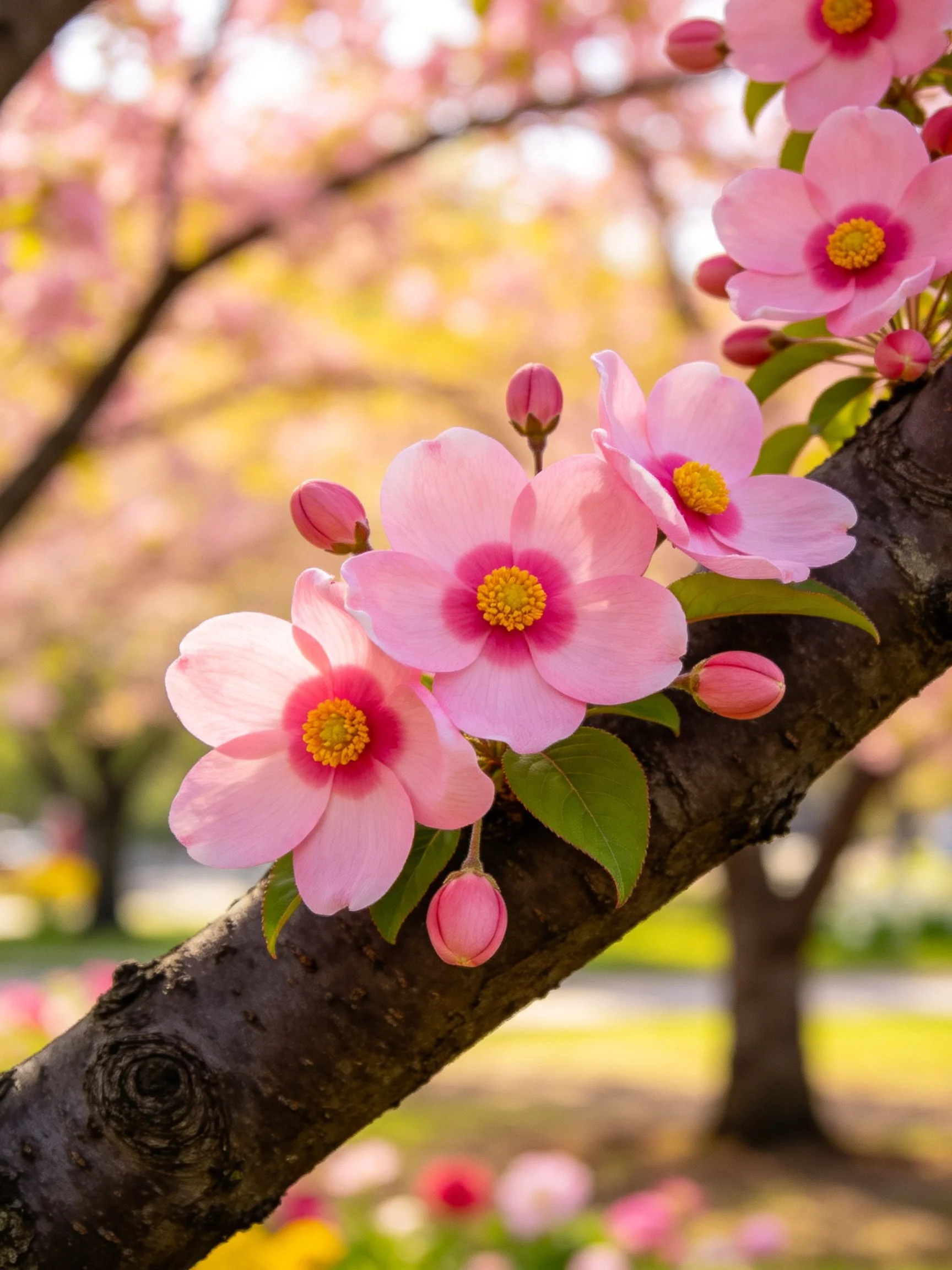 Pink flowers with yellow centers bloom on a dark tree branch