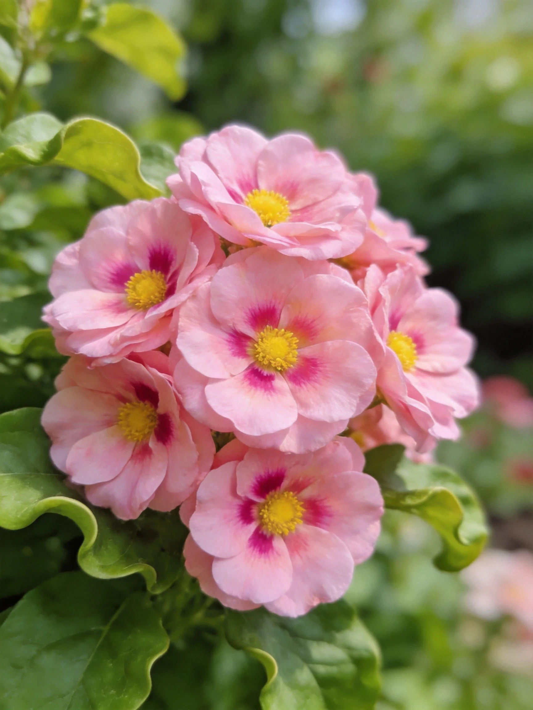 Pink flowers with yellow centers clustered among green foliage