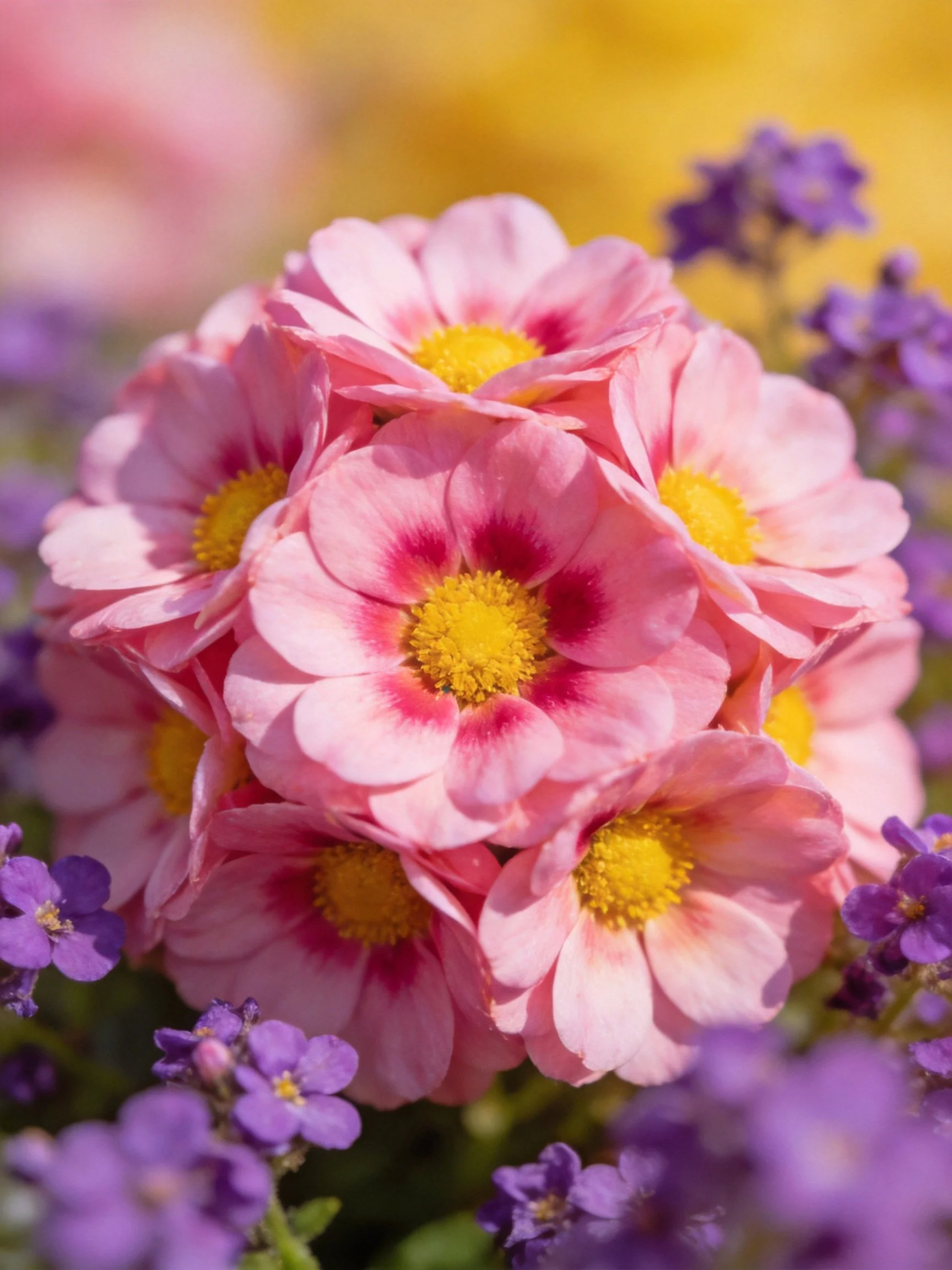 Pink flowers with yellow centers clustered among small purple blooms