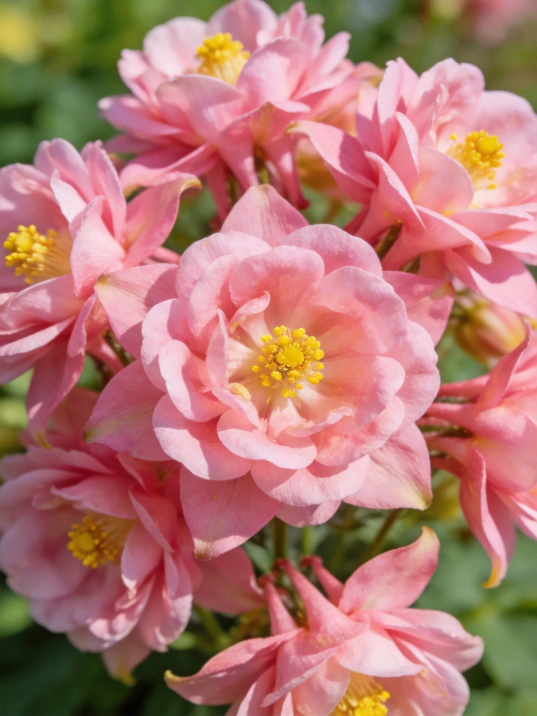 Pink flowers with yellow centers clustered in a sunny garden