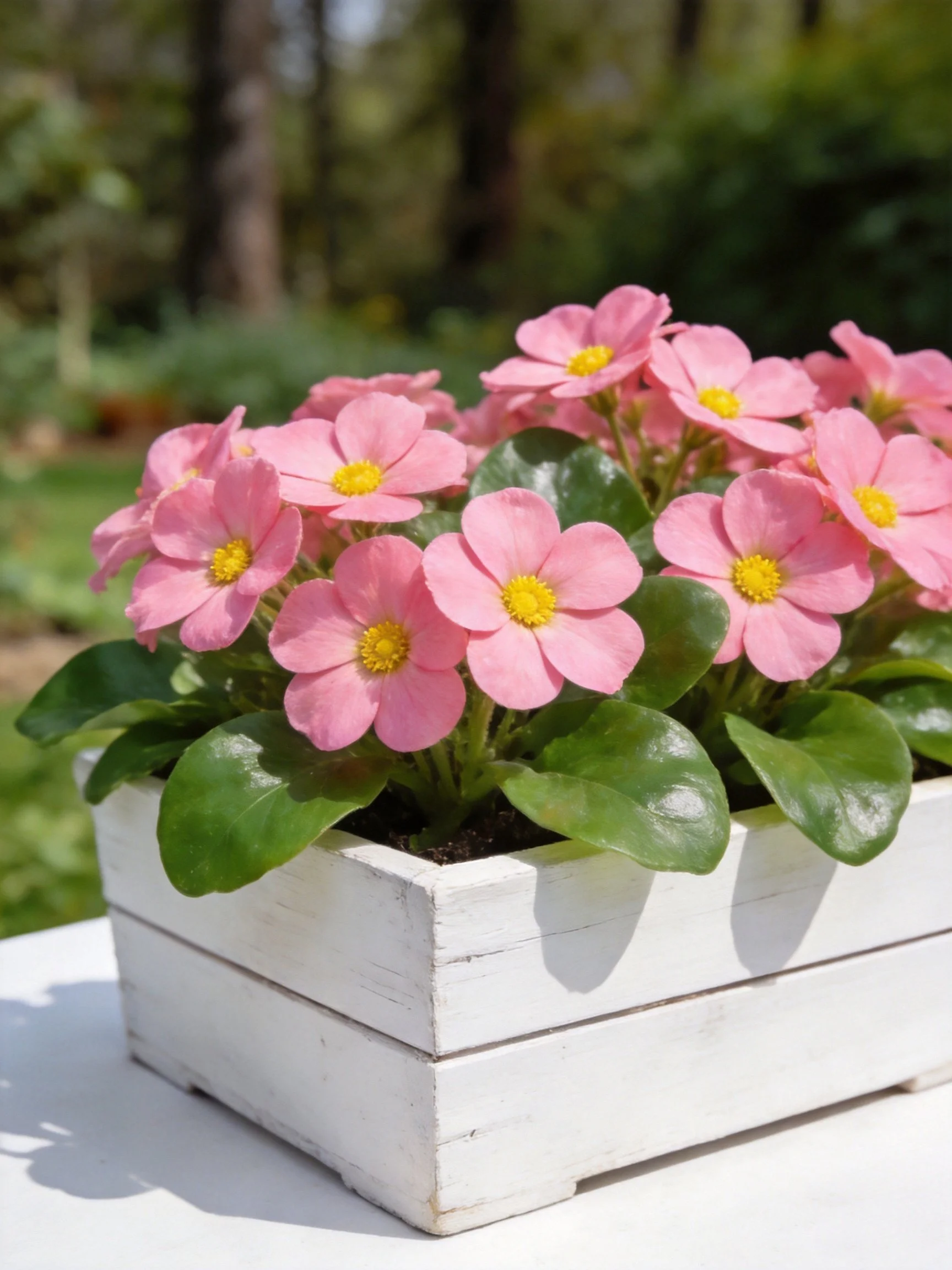 Pink flowers with yellow centers in a white wooden planter