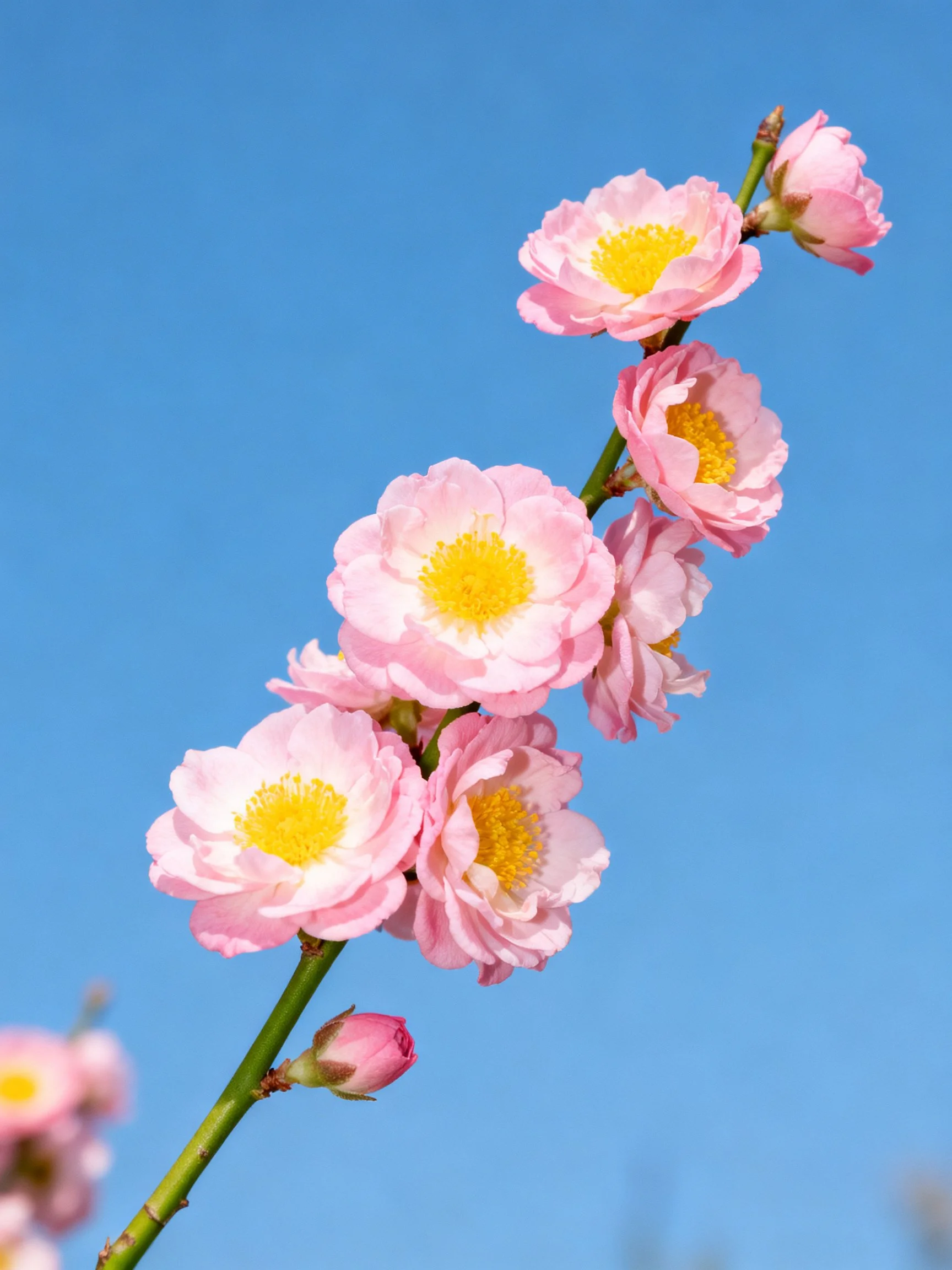 Pink flowers with yellow centers on a green stem against blue sky