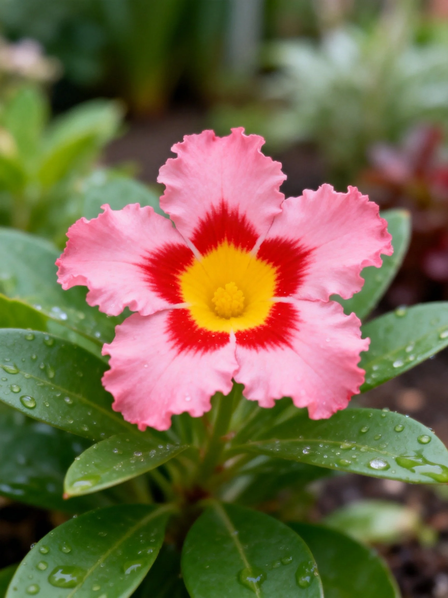 Pink fringed flower with red and yellow center, green leaves with water droplets