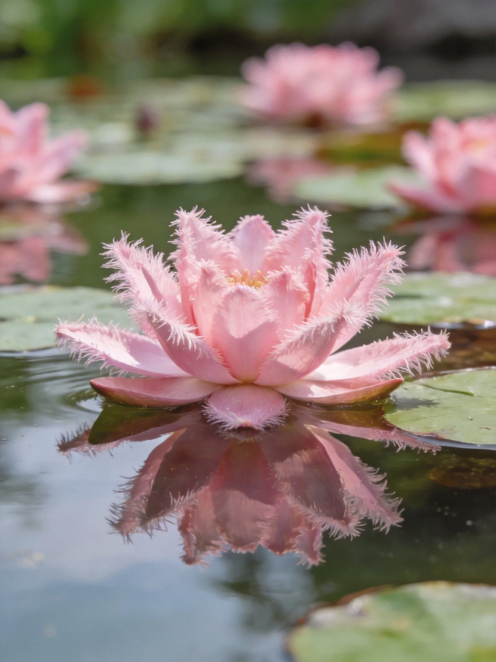 Pink fringed water lilies float among green lily pads on calm water