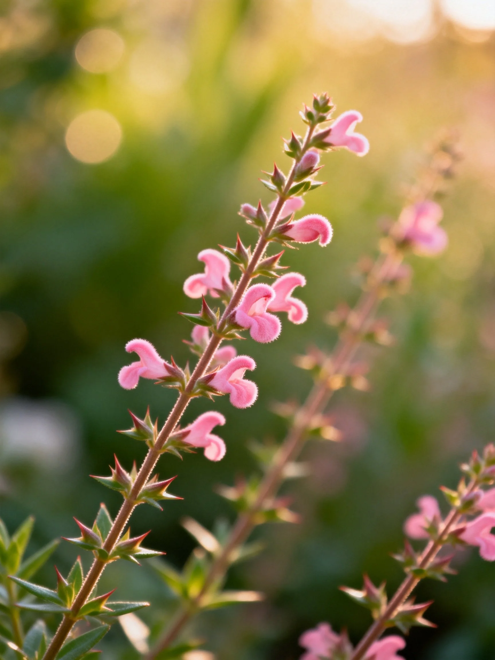 Pink fuzzy flowers on spiky-stemmed plants with soft natural light