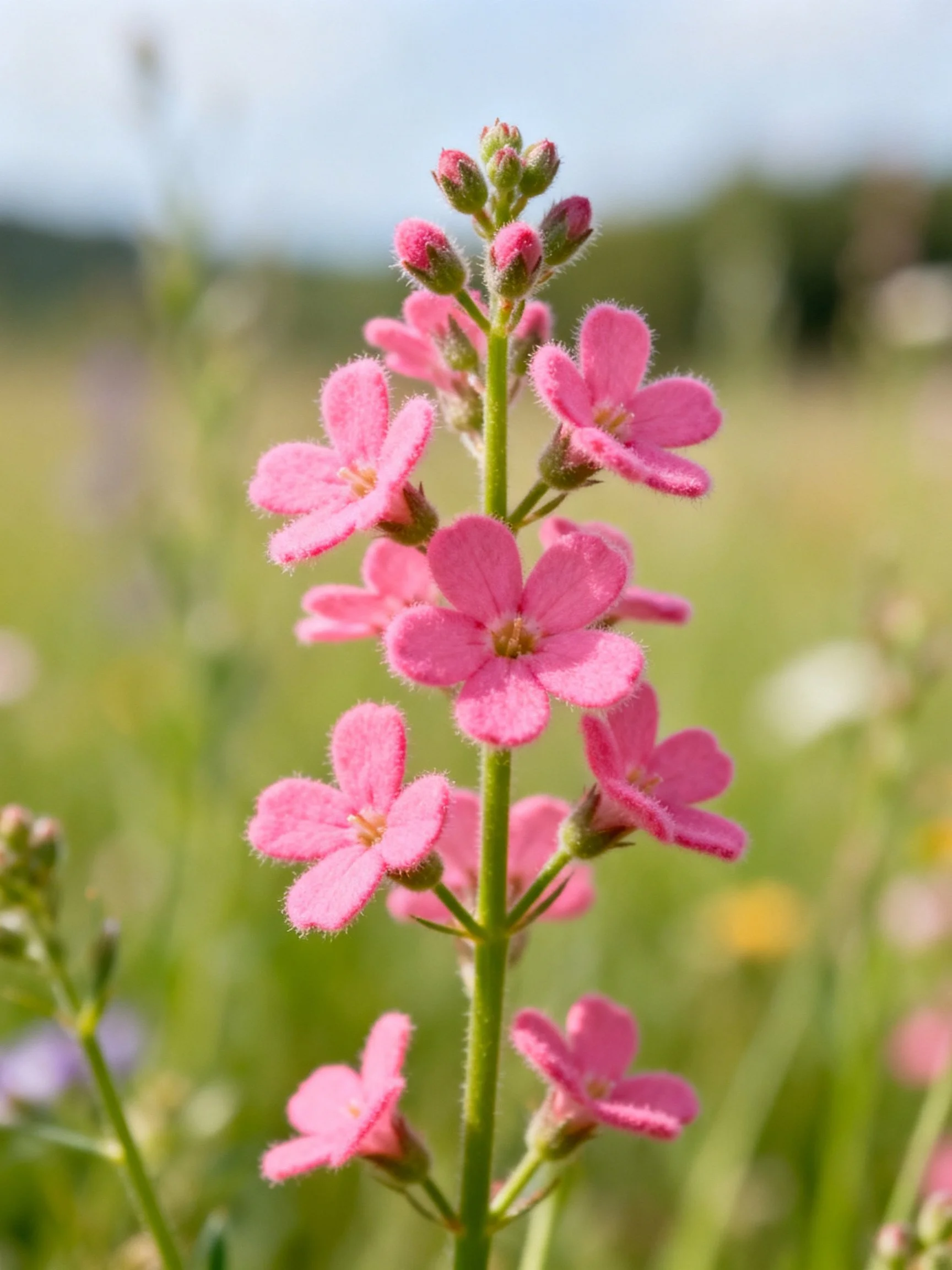 Pink fuzzy-petaled flowers cluster on a tall green stem in a meadow