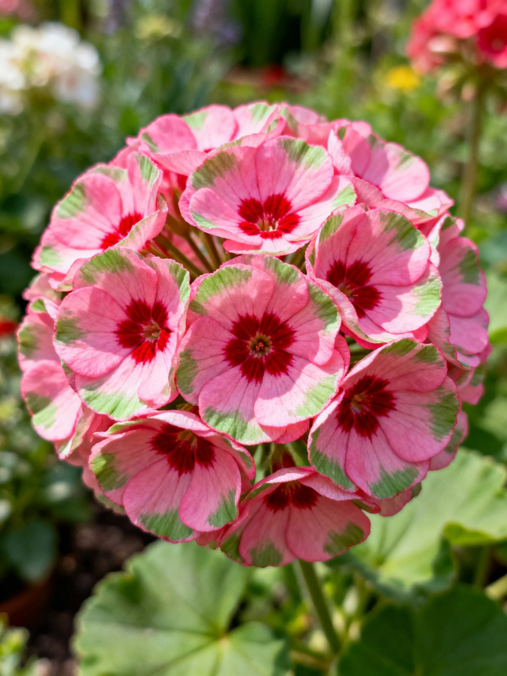 Pink geranium cluster with green-edged petals and red centers