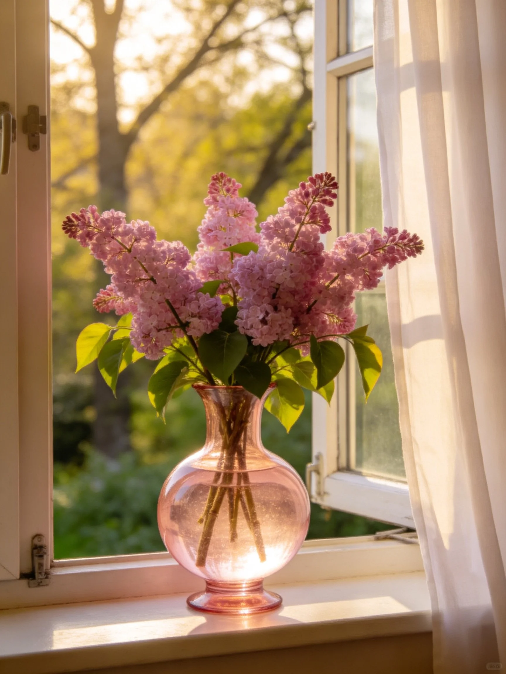 Pink glass vase holds purple lilac blooms by an open window