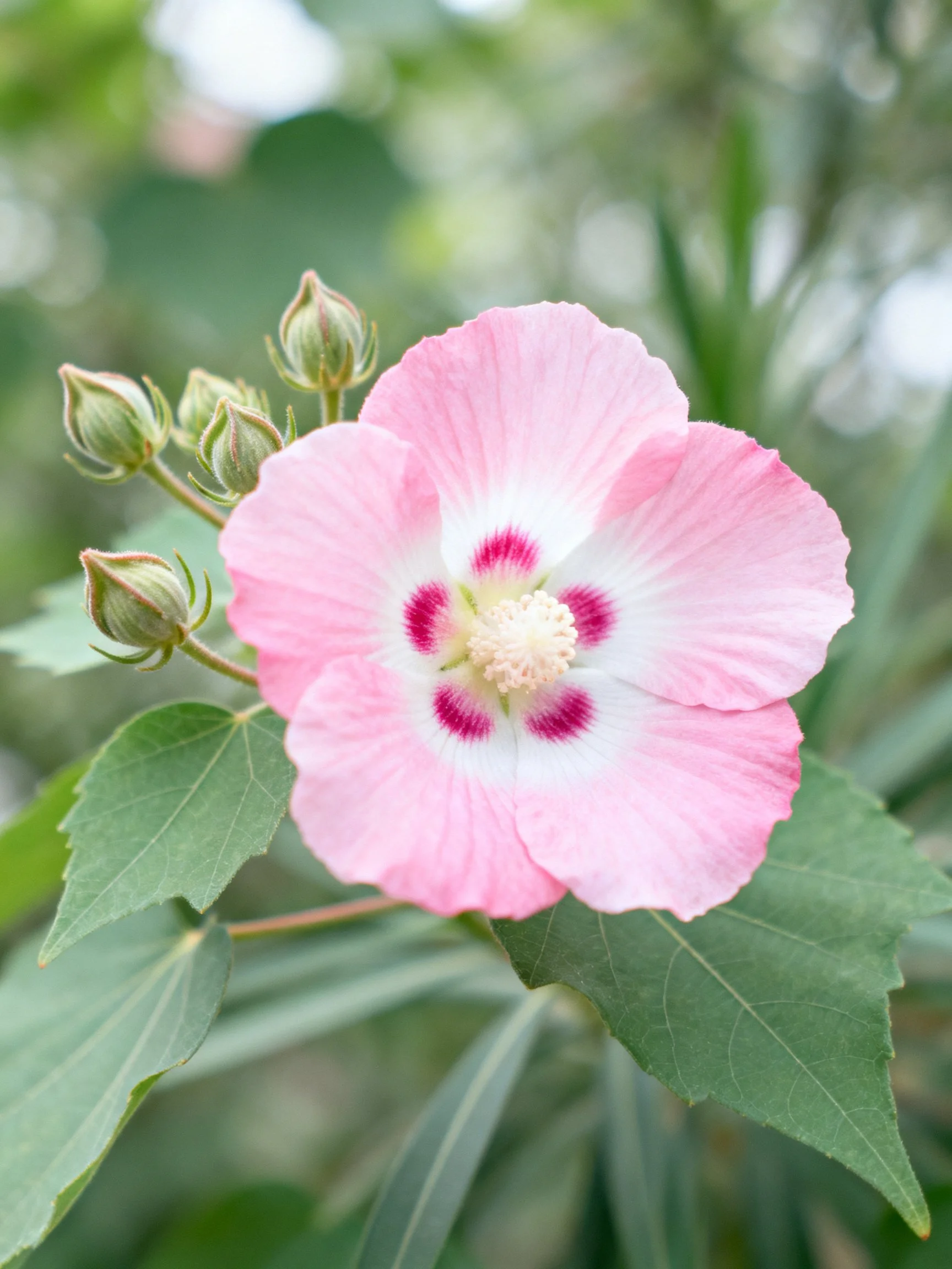 Pink hibiscus flower with magenta center and green buds