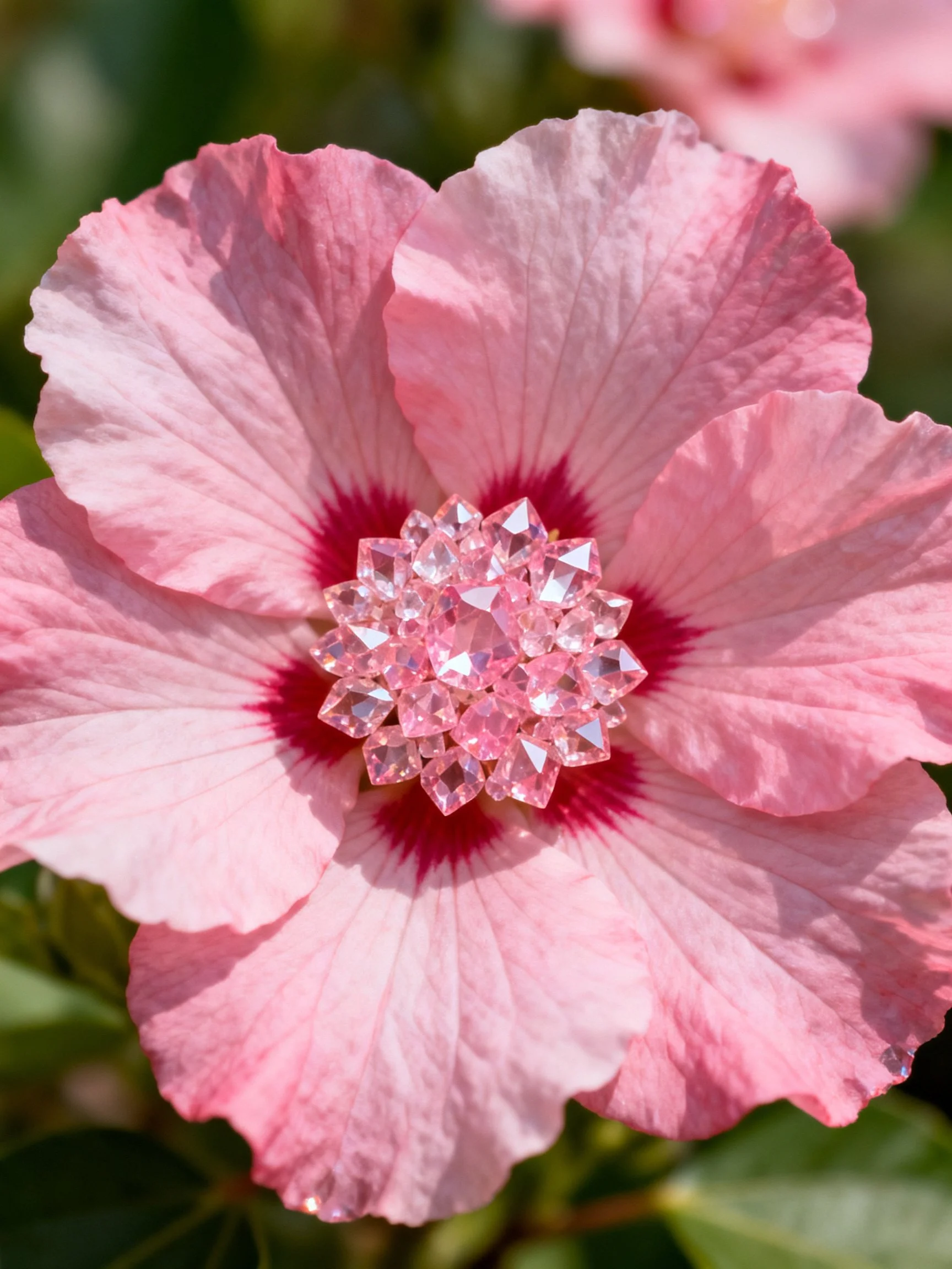 Pink hibiscus flower with pink gemstone cluster
