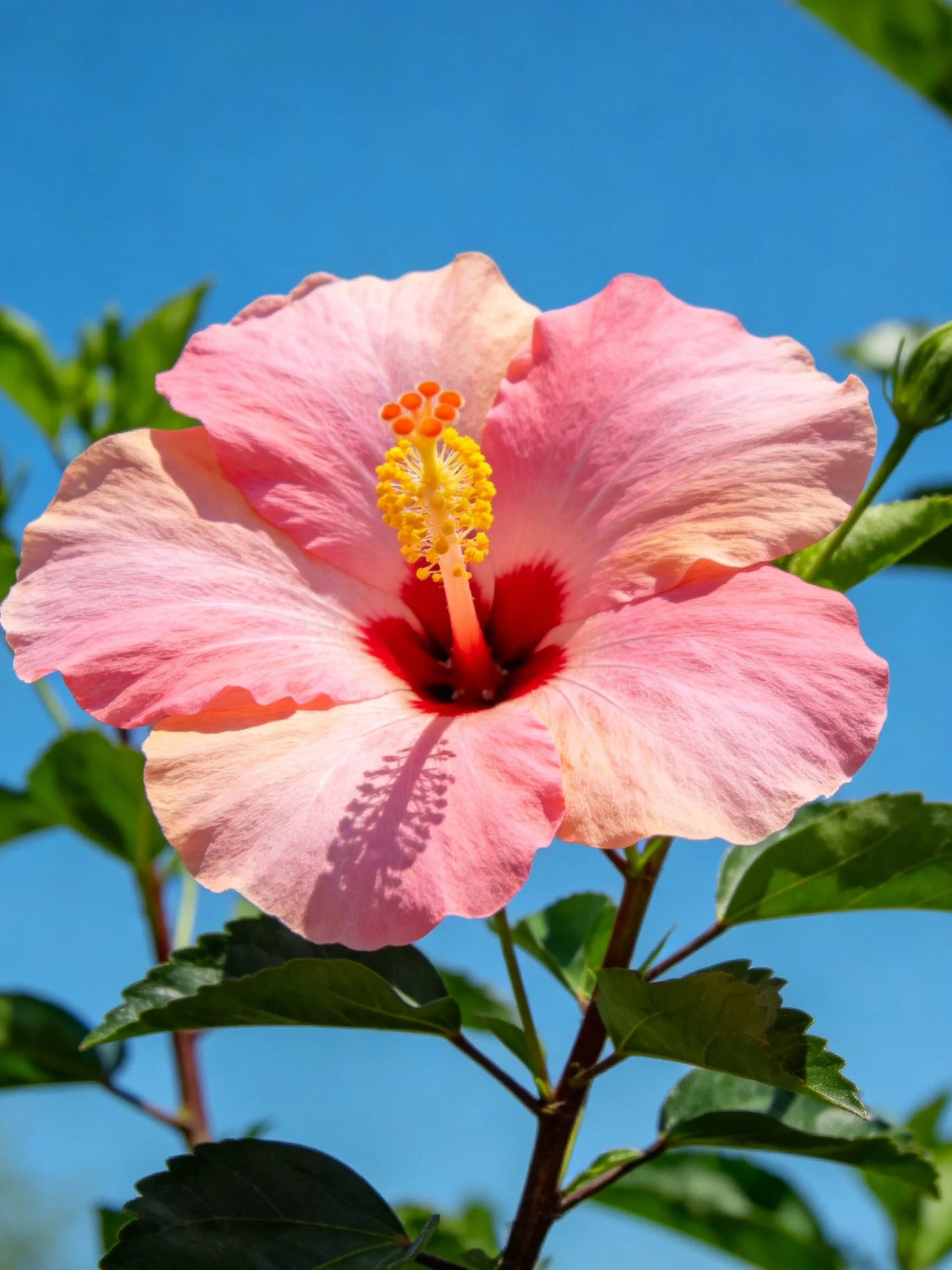Pink hibiscus flower with red center and yellow stamens