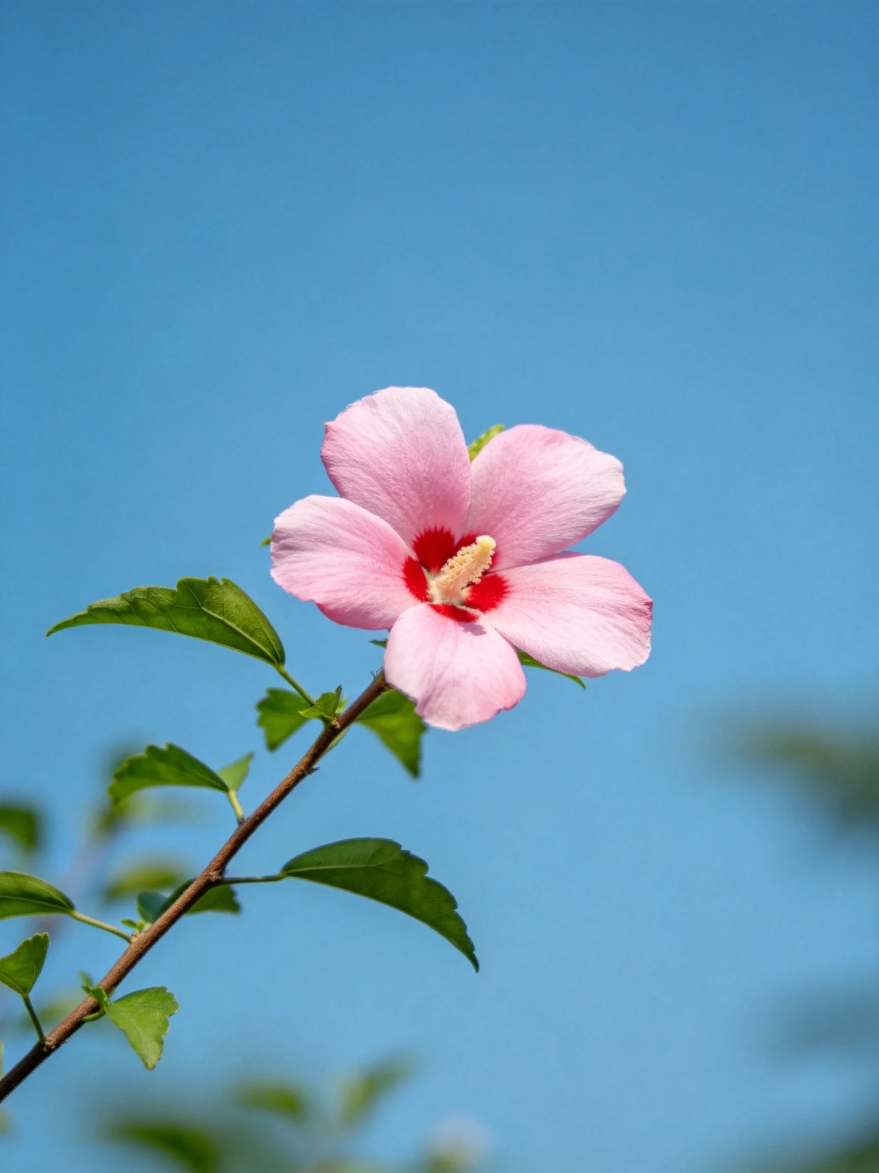 Pink hibiscus flower with red center on branch against clear blue sky