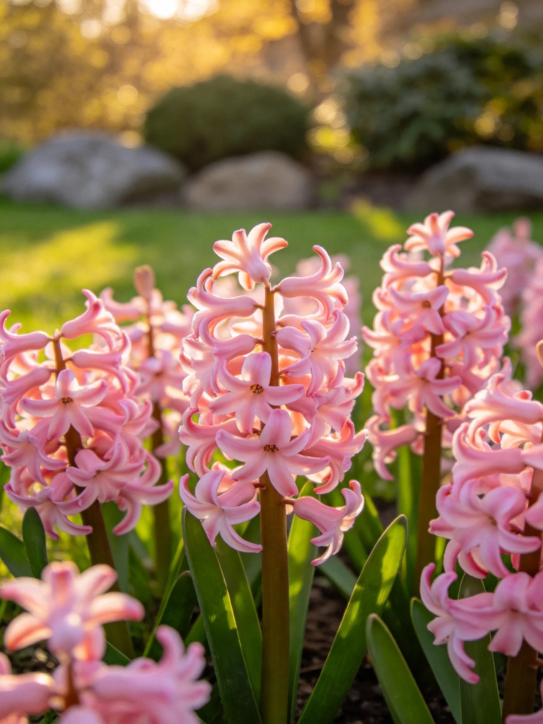 Pink hyacinth blooms flourish in a sun-drenched garden landscape