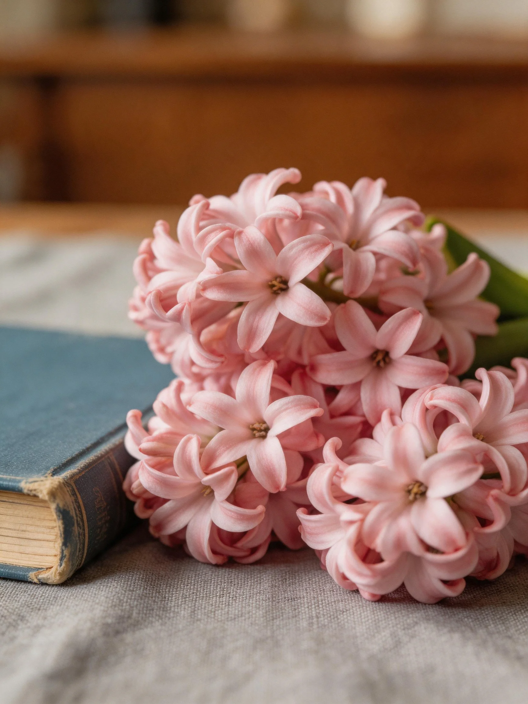 Pink hyacinths beside an aged blue book on textured fabric