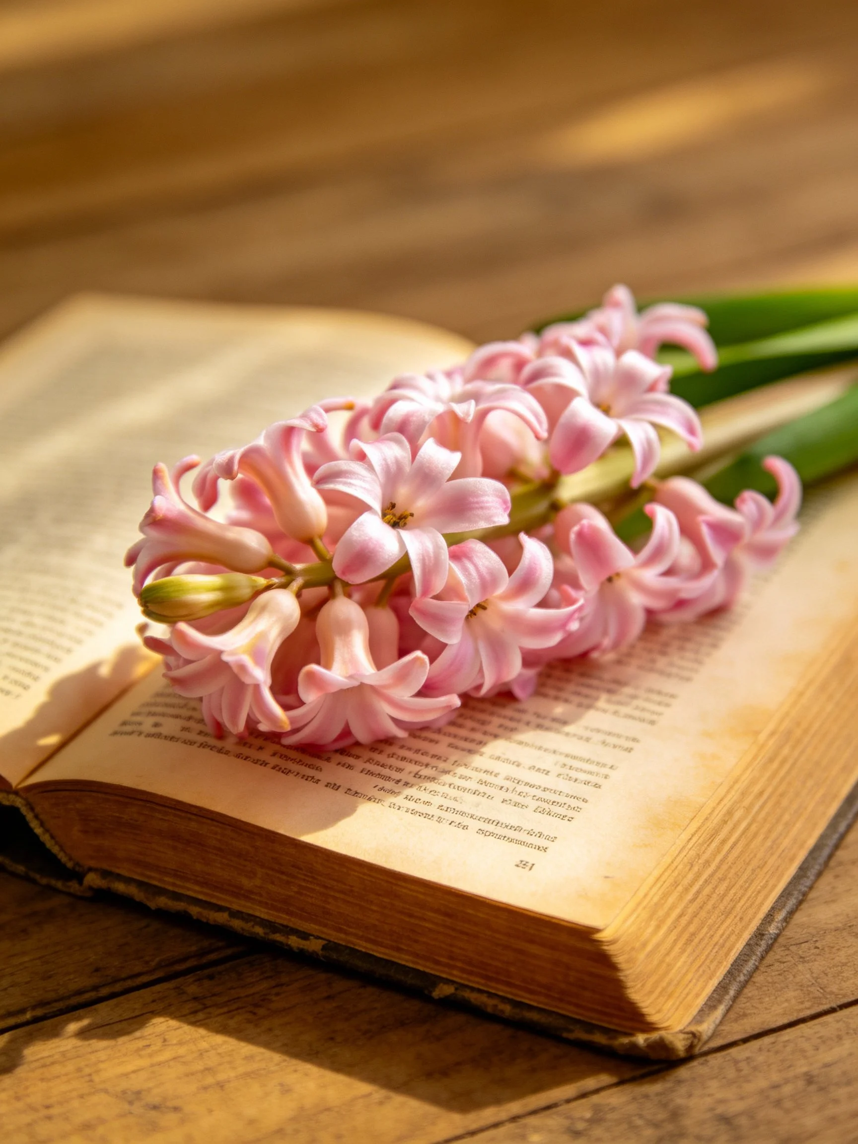 Pink hyacinths rest on an aged open book with yellowed pages.