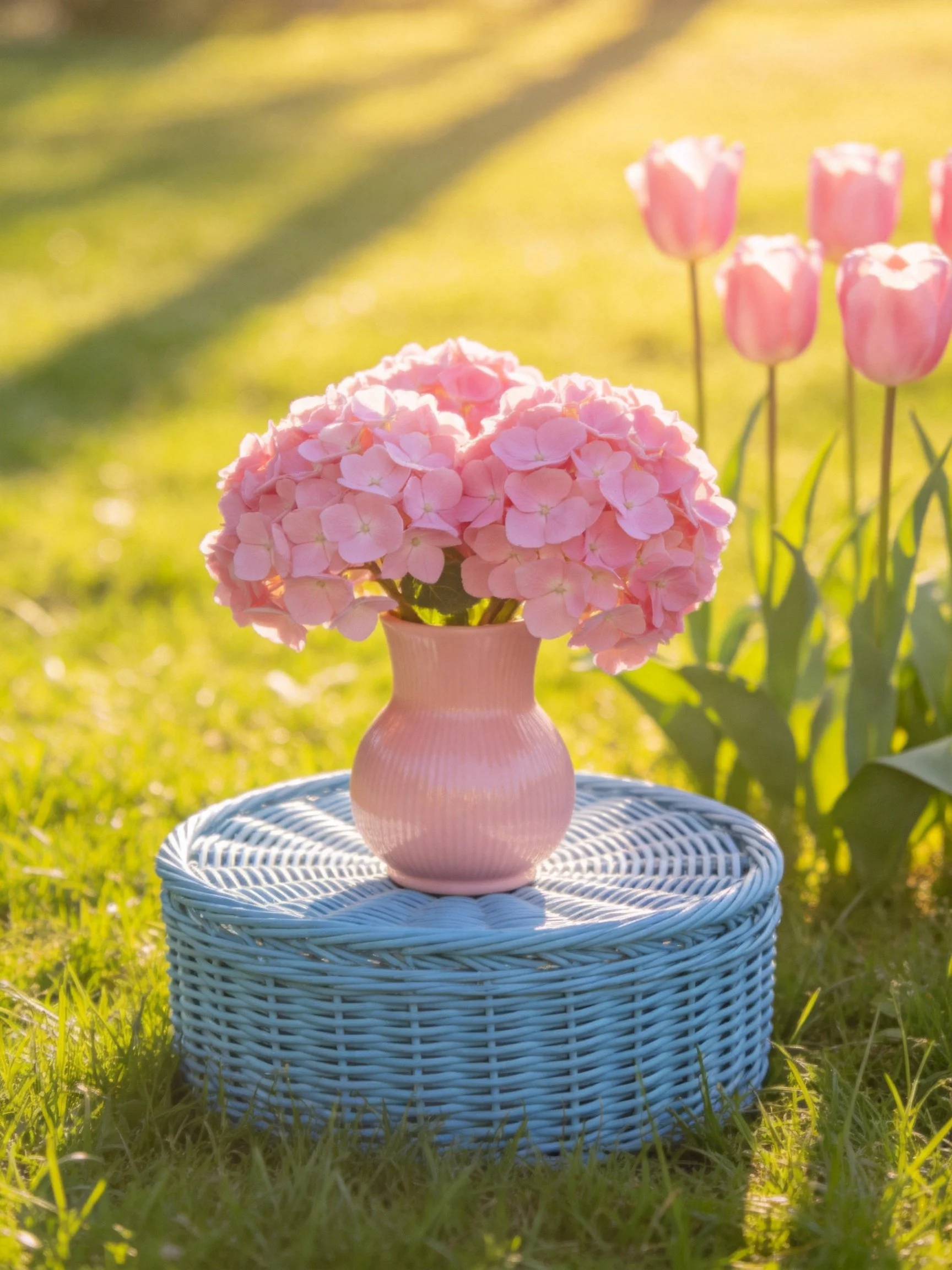 Pink hydrangea bouquet in a pink vase on a blue wicker stand near pink tulips